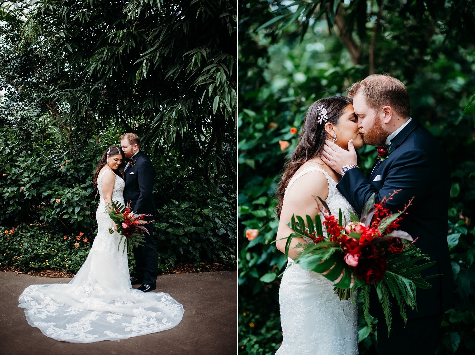 bride and groom hug kissing by green trees while bride holds tropical bouquet 