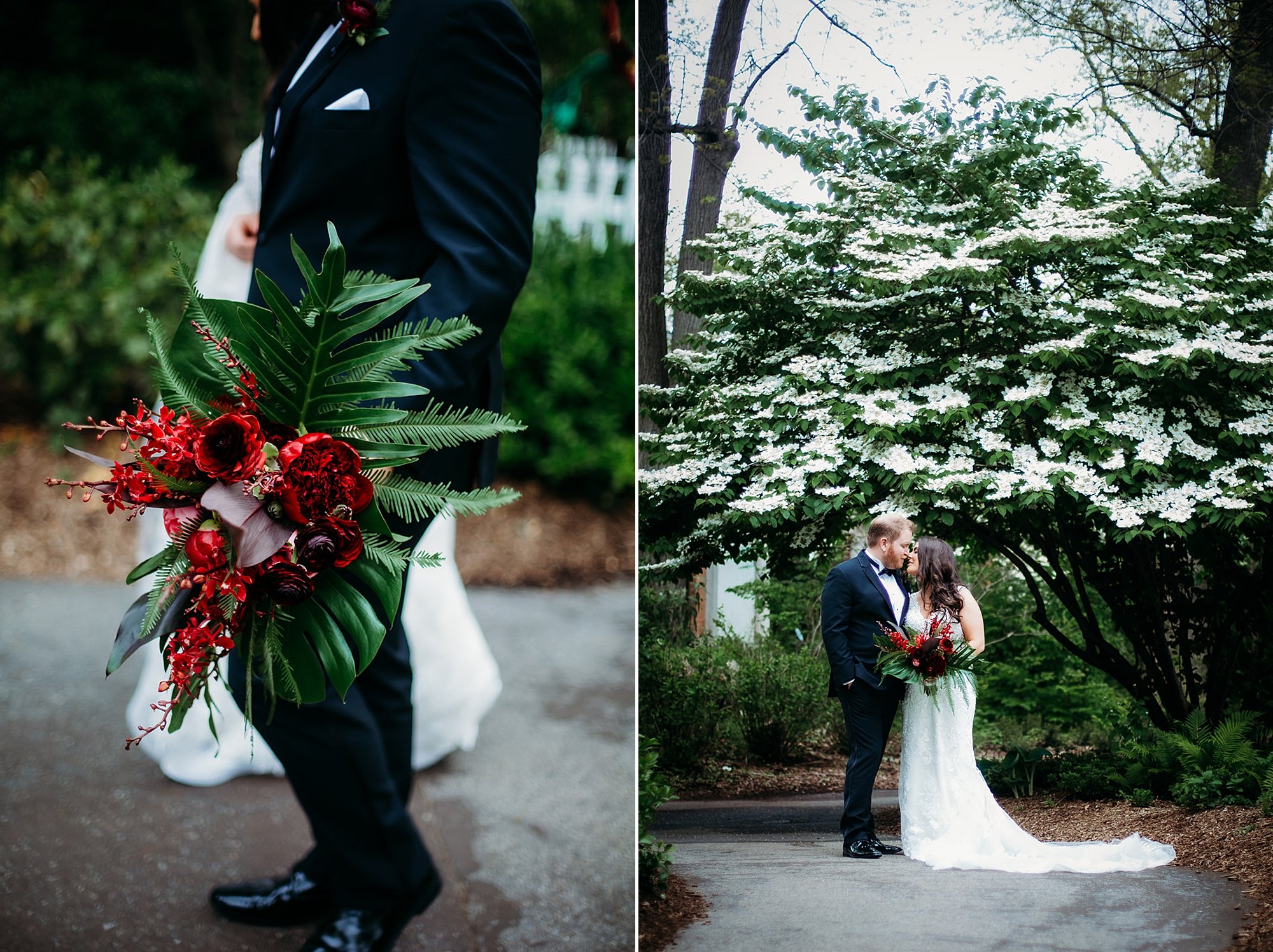 groom carries bride's tropical red bouquet by his side walking through the Bronx Zoo