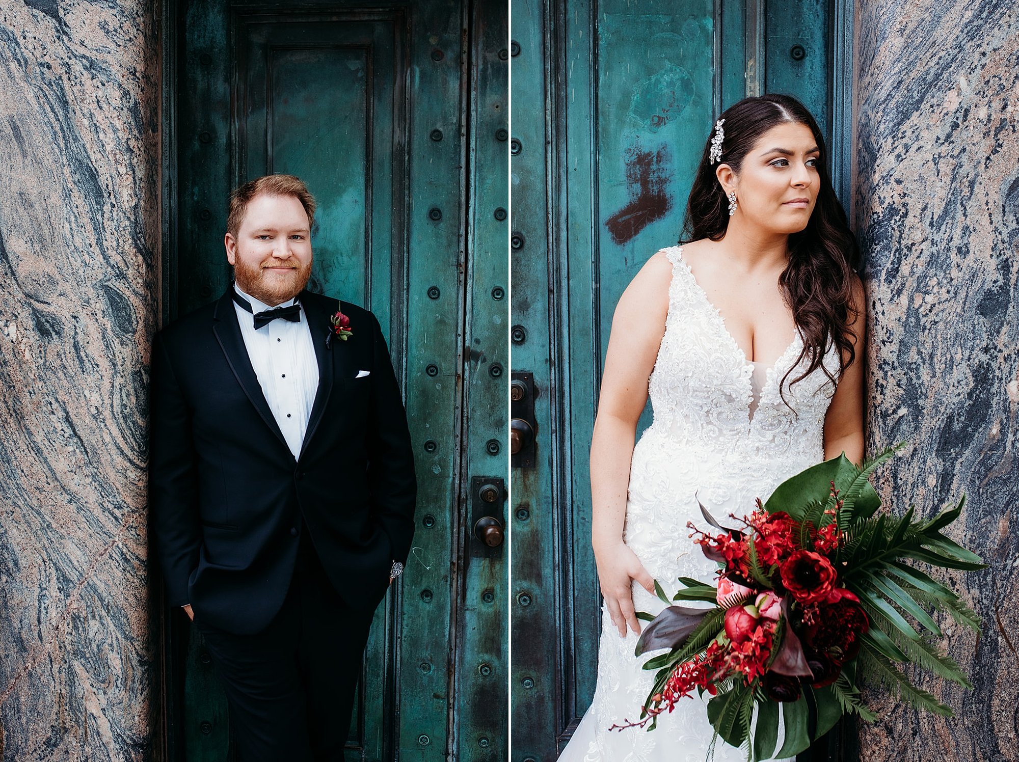 bride and groom pose against teal doors of turtle exhibit at the Bronx Zoo