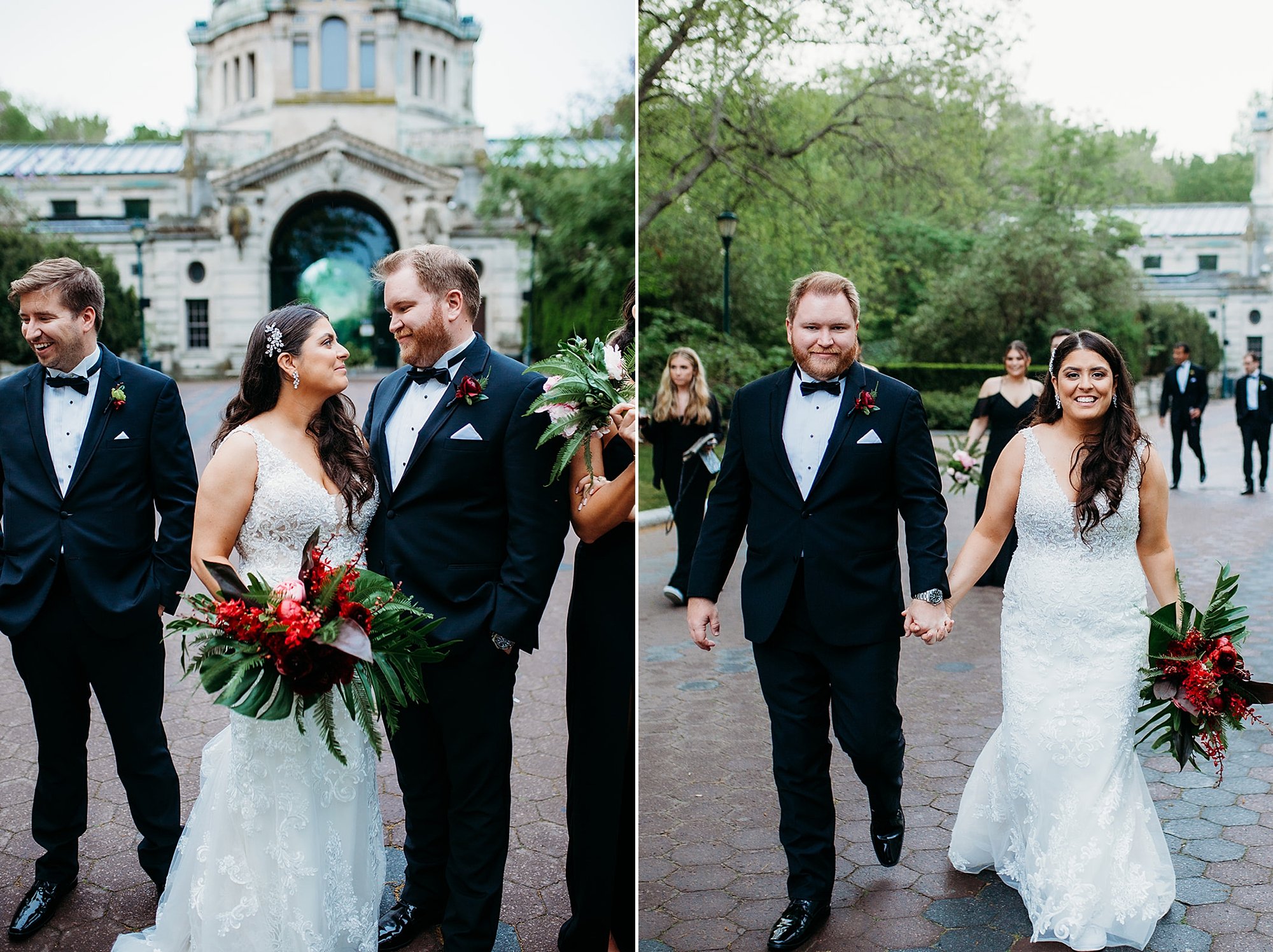 bride and groom walk at the Bronx Zoo with wedding party in all black