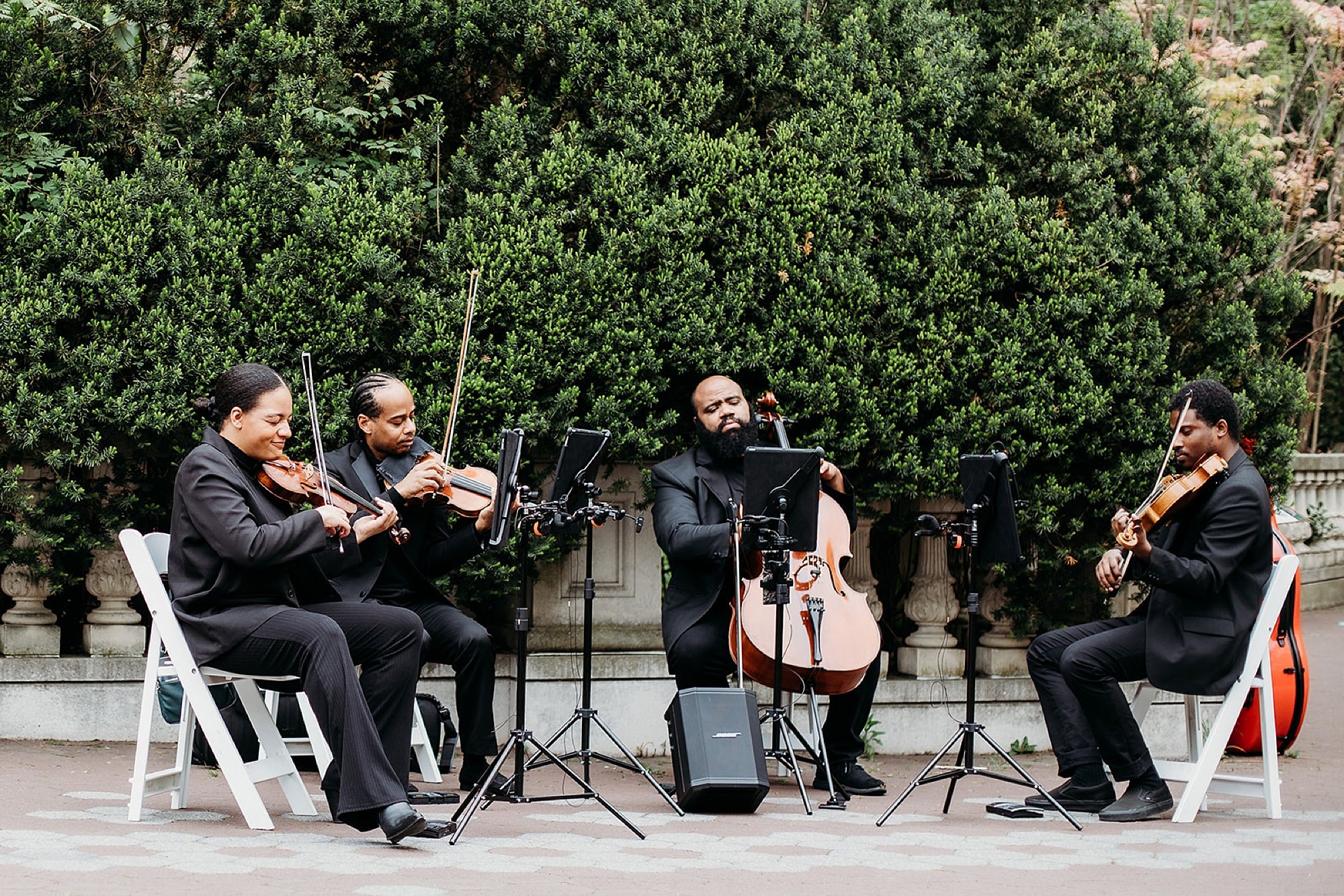 string quartet plays for wedding ceremony outside the Elephant House at the Bronx Zoo
