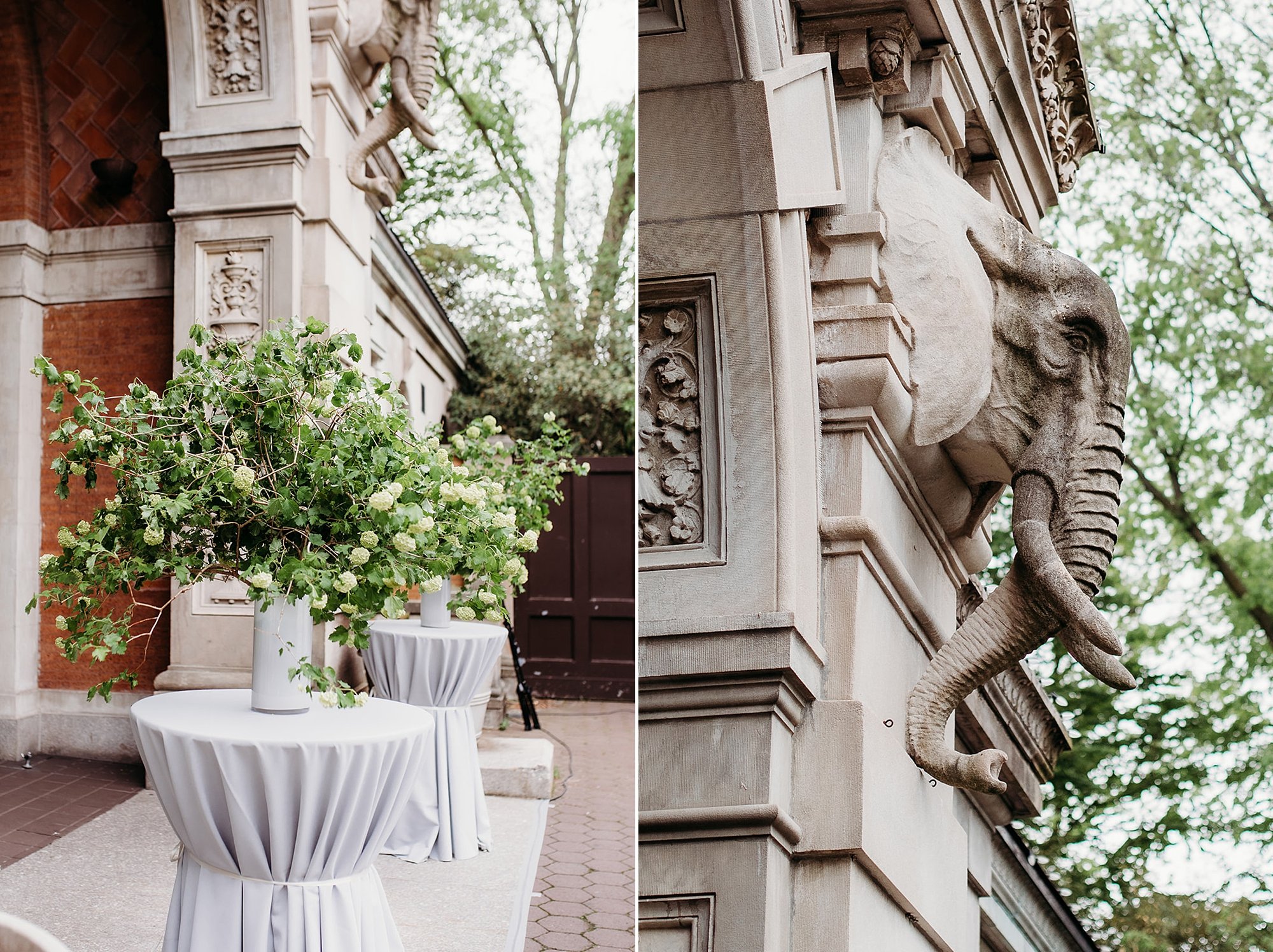 flowers sit on table for wedding ceremony outside the Elephant House at the Bronx Zoo