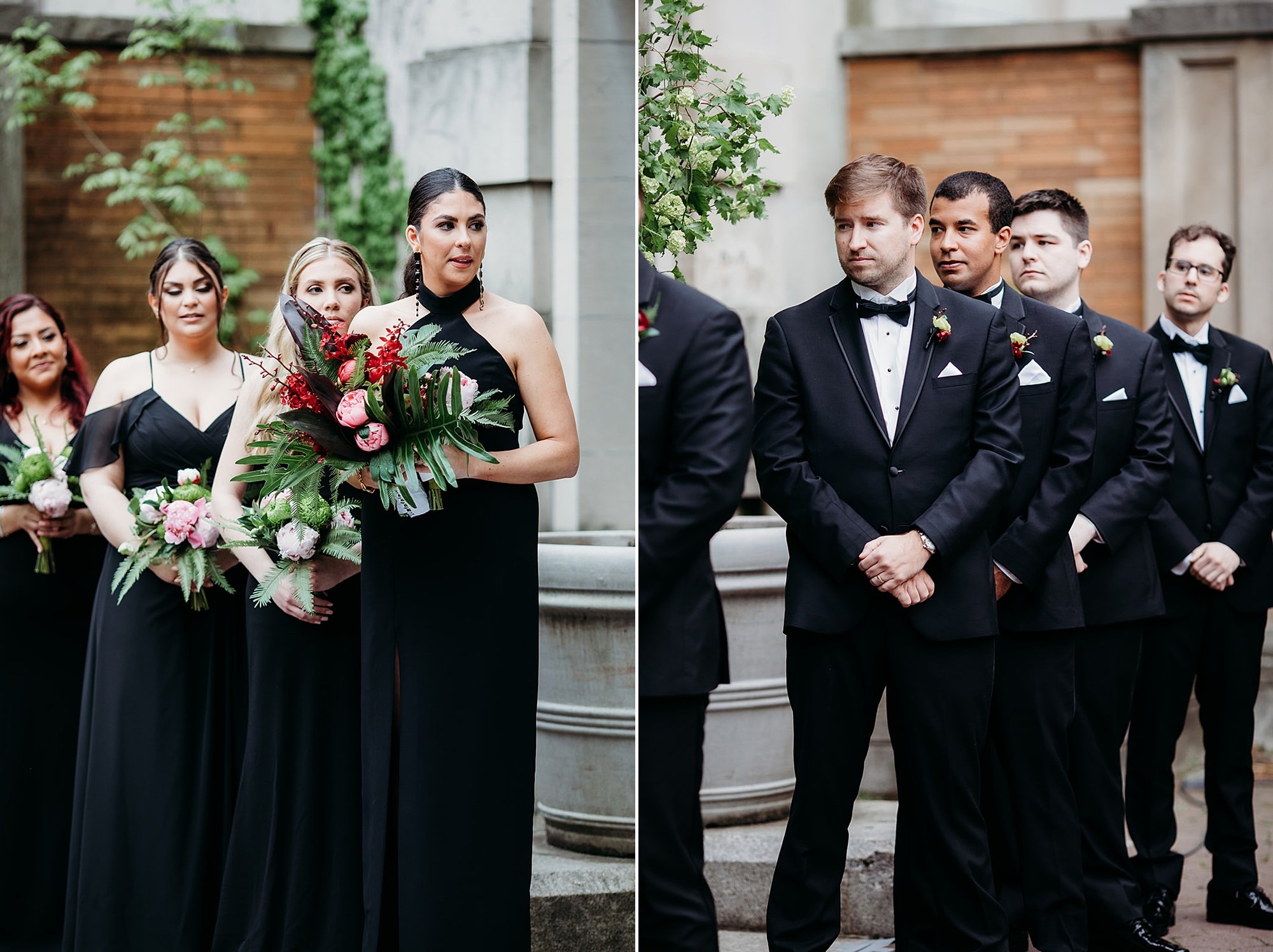 bridesmaids and groomsmen watch wedding ceremony outside the Elephant House at the Bronx Zoo