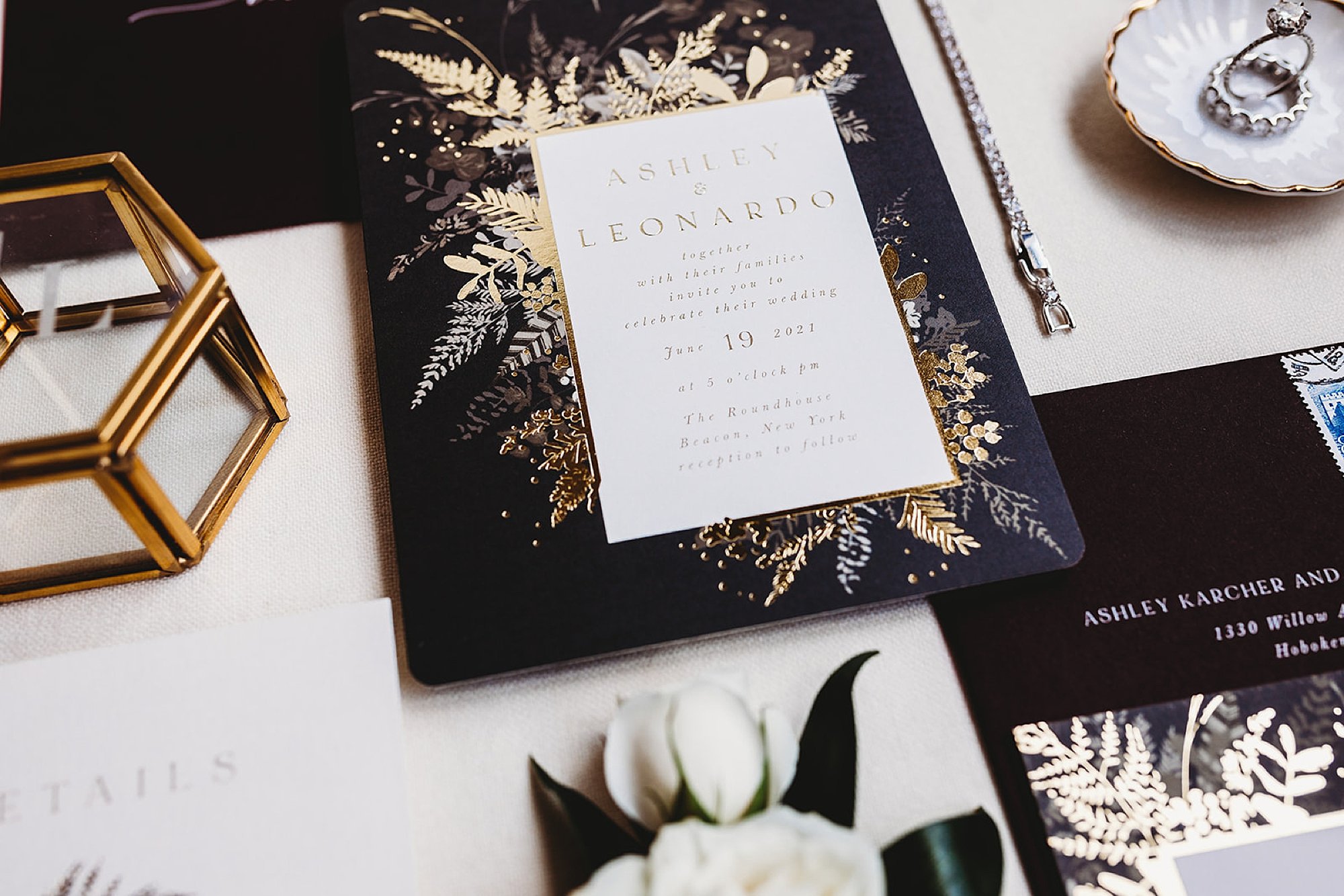 navy and gold foil invitations suite for Roundhouse wedding