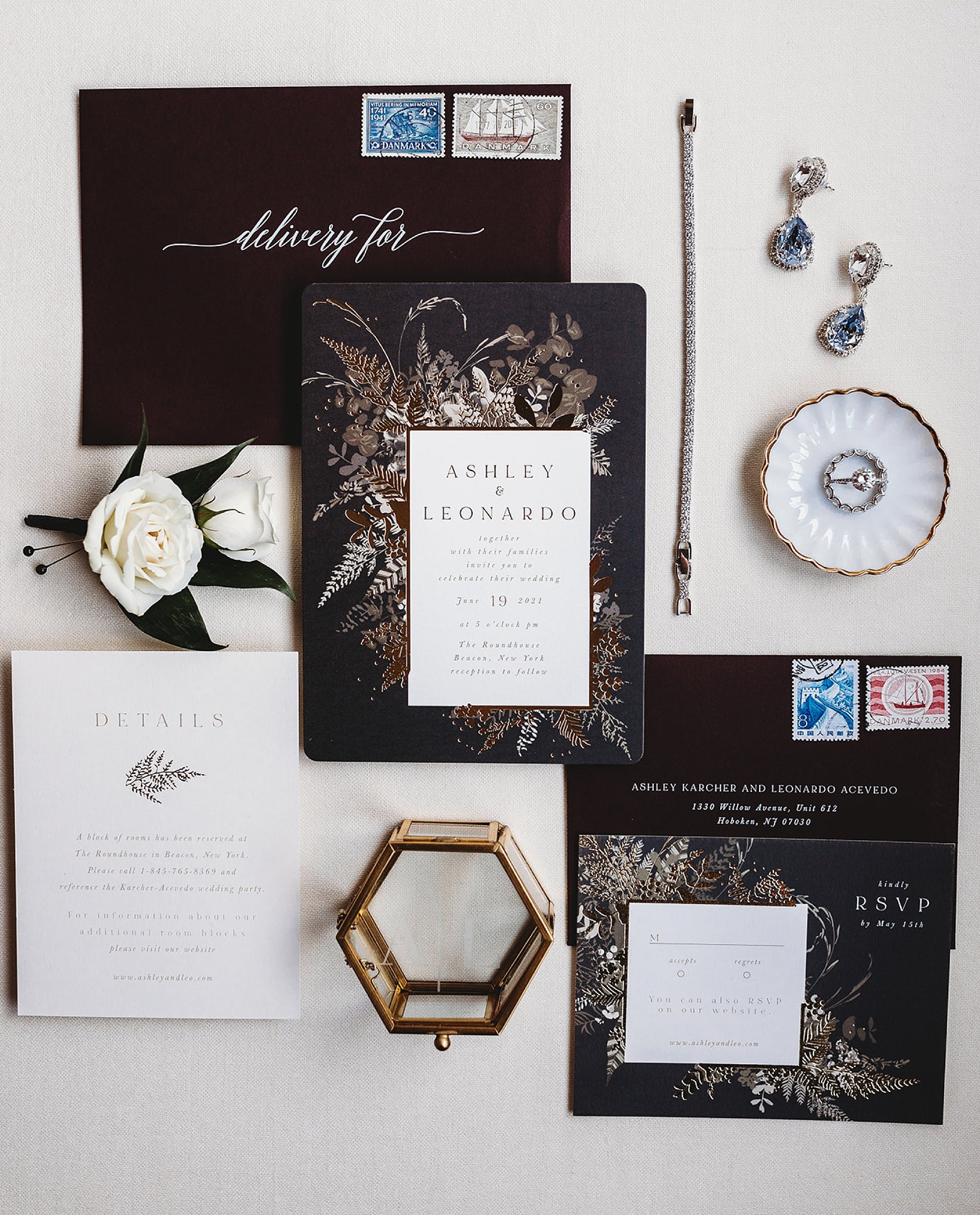 navy and gold foil invitation suite for Roundhouse wedding