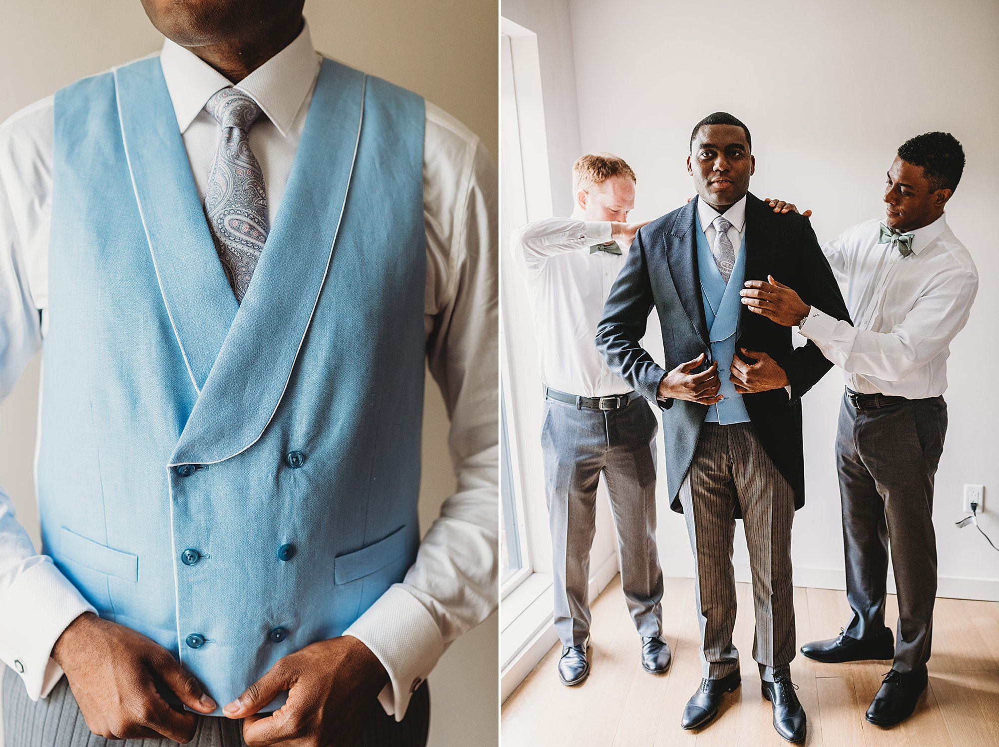 groomsmen help groom into English morning suit 