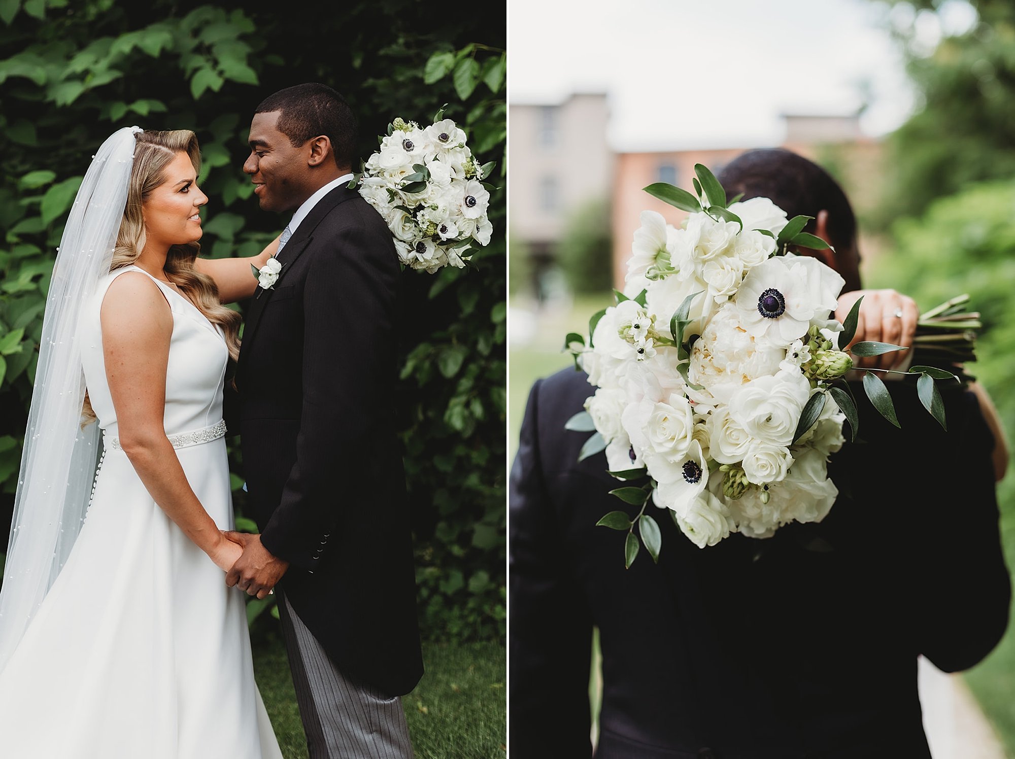 bride and groom hug during first look for summer wedding
