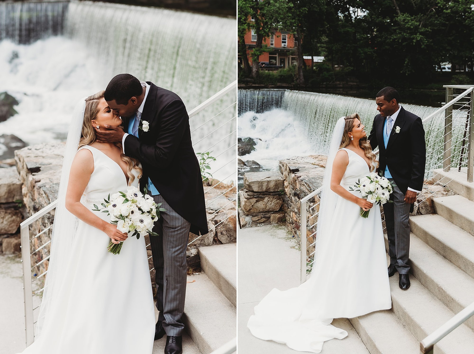 newlyweds kiss on steps near waterfall in Beacon NY