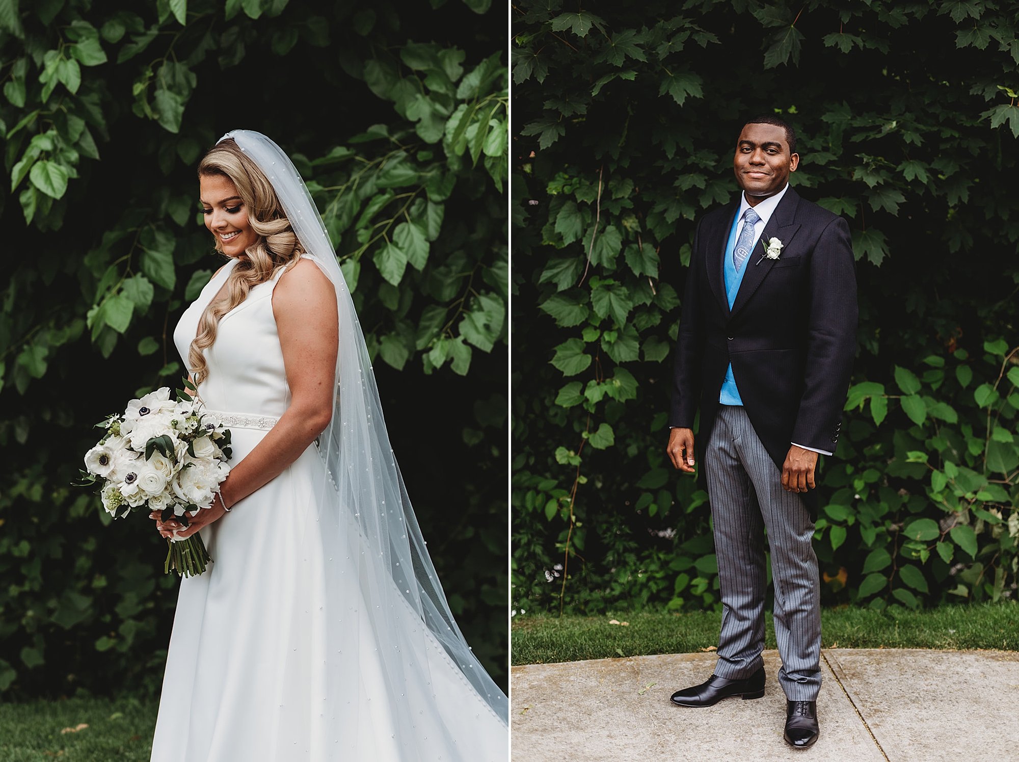 bride and groom pose by garden during summer wedding portraits at The Roadhouse