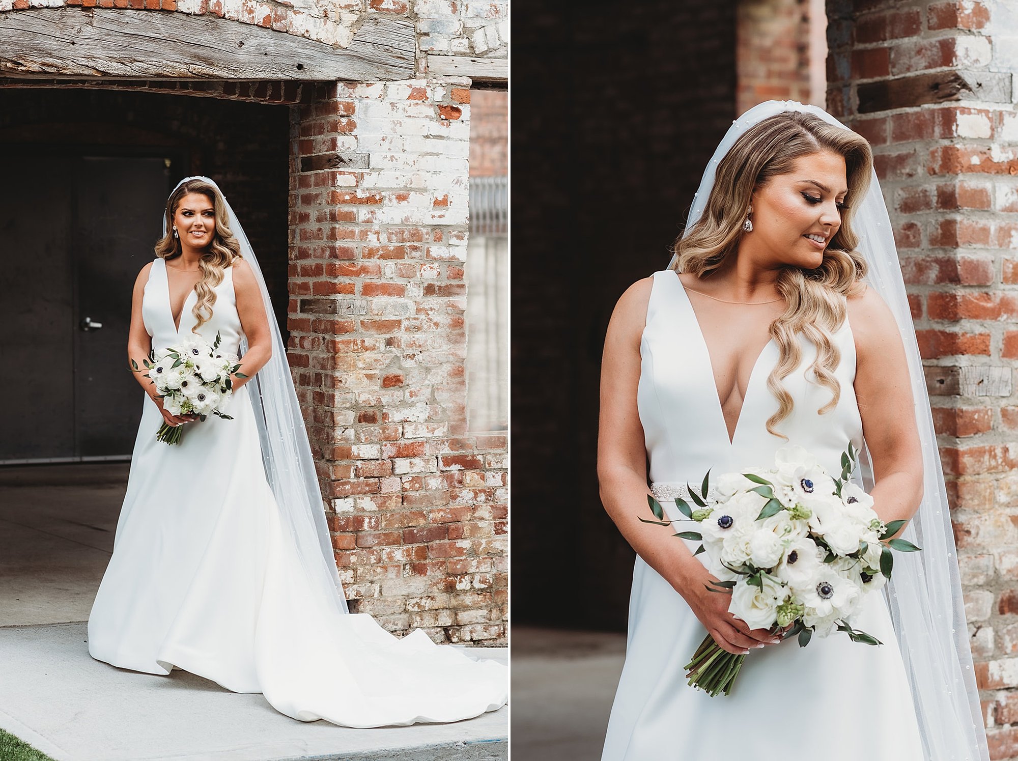 blonde bride holds bouquet of white flowers near brick wall at The Roadhouse