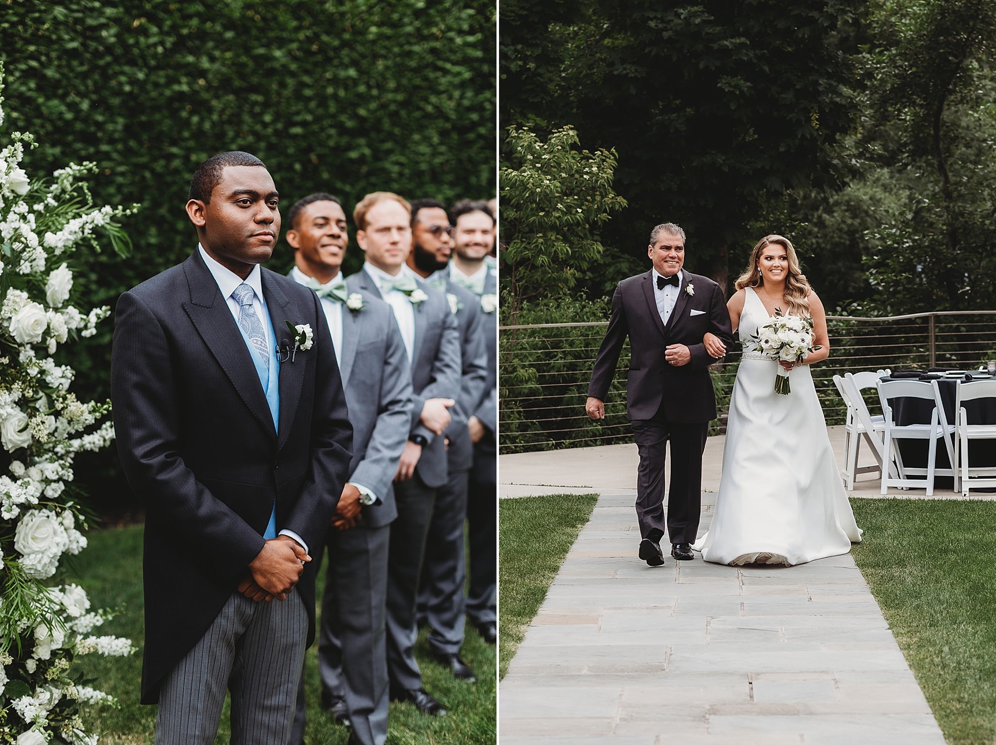 bride enters wedding ceremony while groom watches
