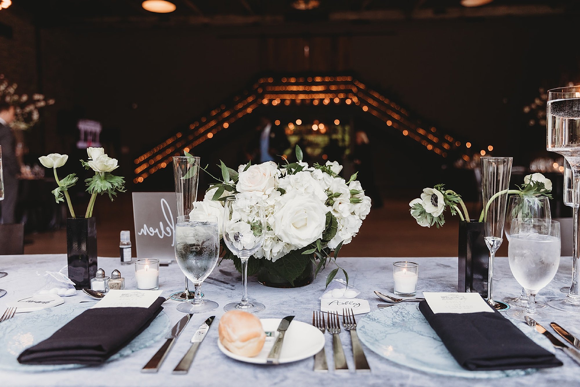 wedding reception with industrial glamorous details at the Roadhouse