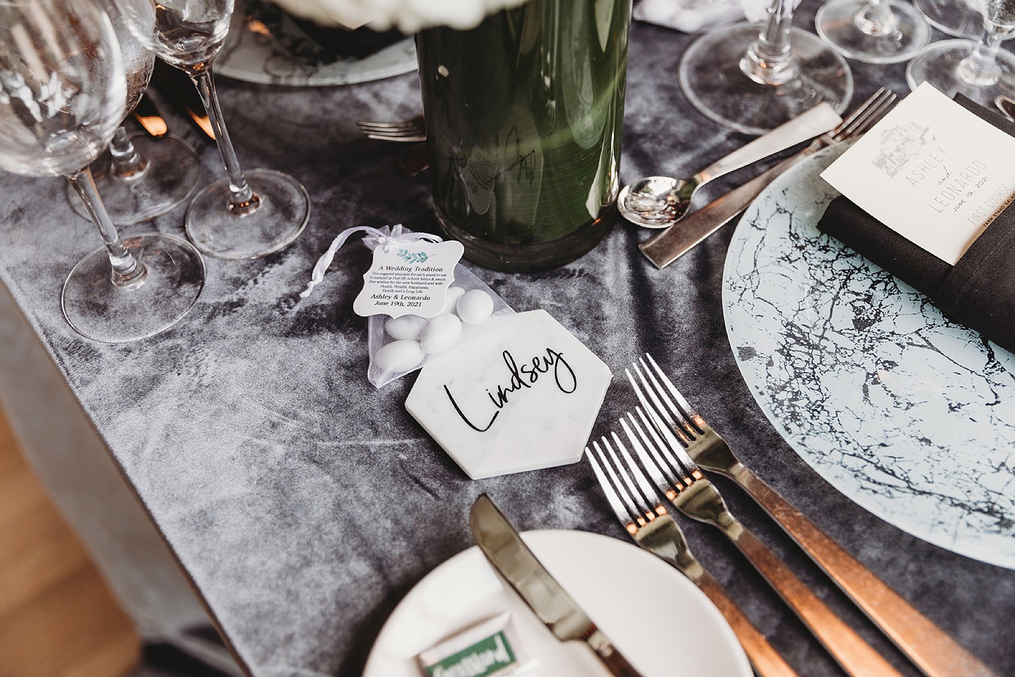 place settings with geometric name tags