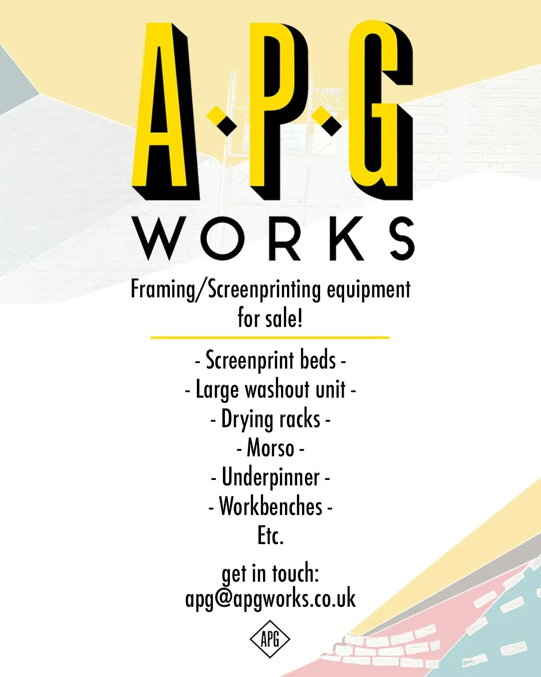 Hi all! Equipment, consumables and stock available.

Whether you're a seasoned printmaker or Framer or both, just starting out, or looking to kit out your own studio, now&rsquo;s your chance to pick up some solid, well-used gear with plenty of life l