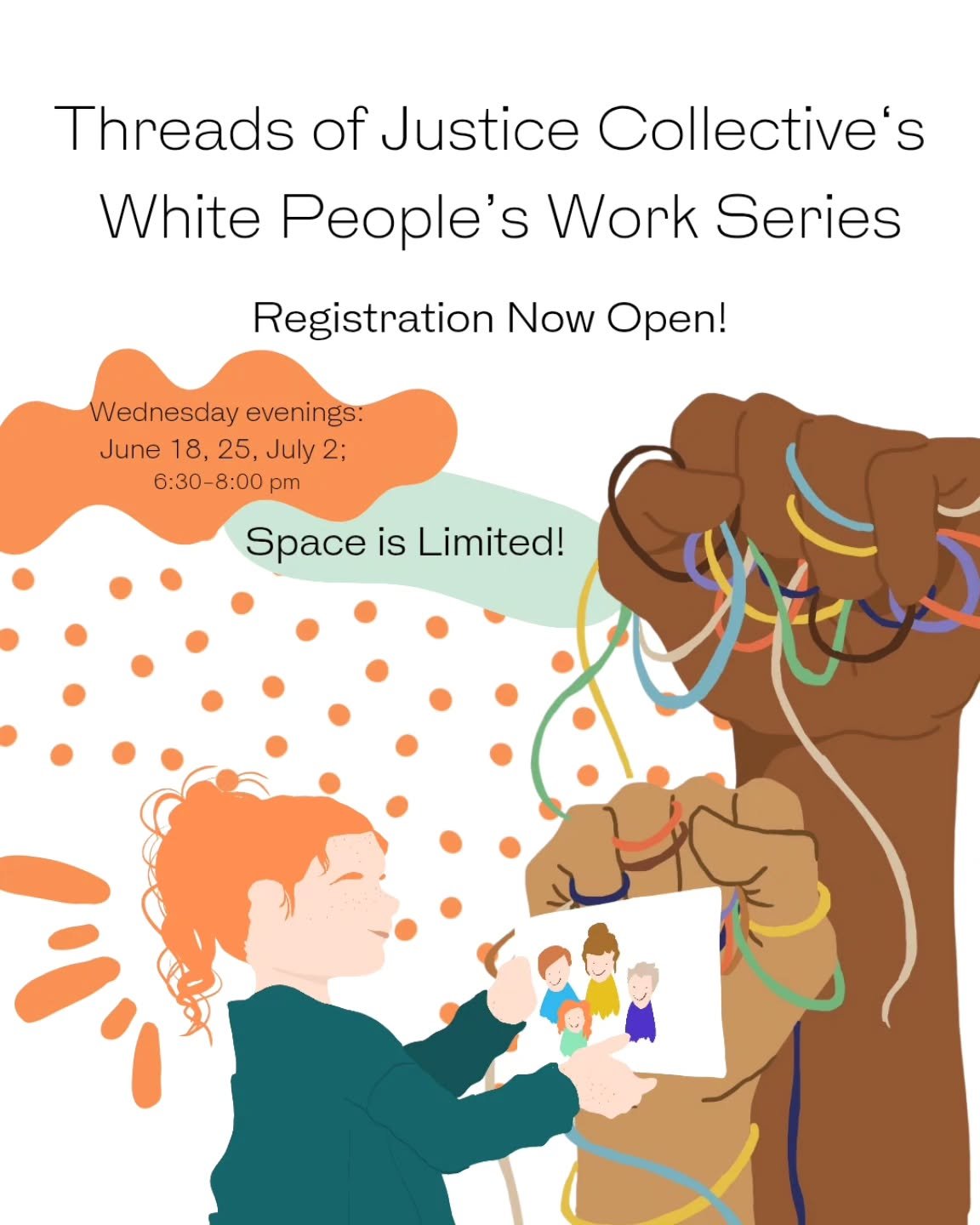 Join Threads of Justice Collective in our series: White People's Work. A 3-session introductory series for White people who want to focus on their role in anti-racism, anti-oppression work.
.
Join us in this series that will then inspire and empower 