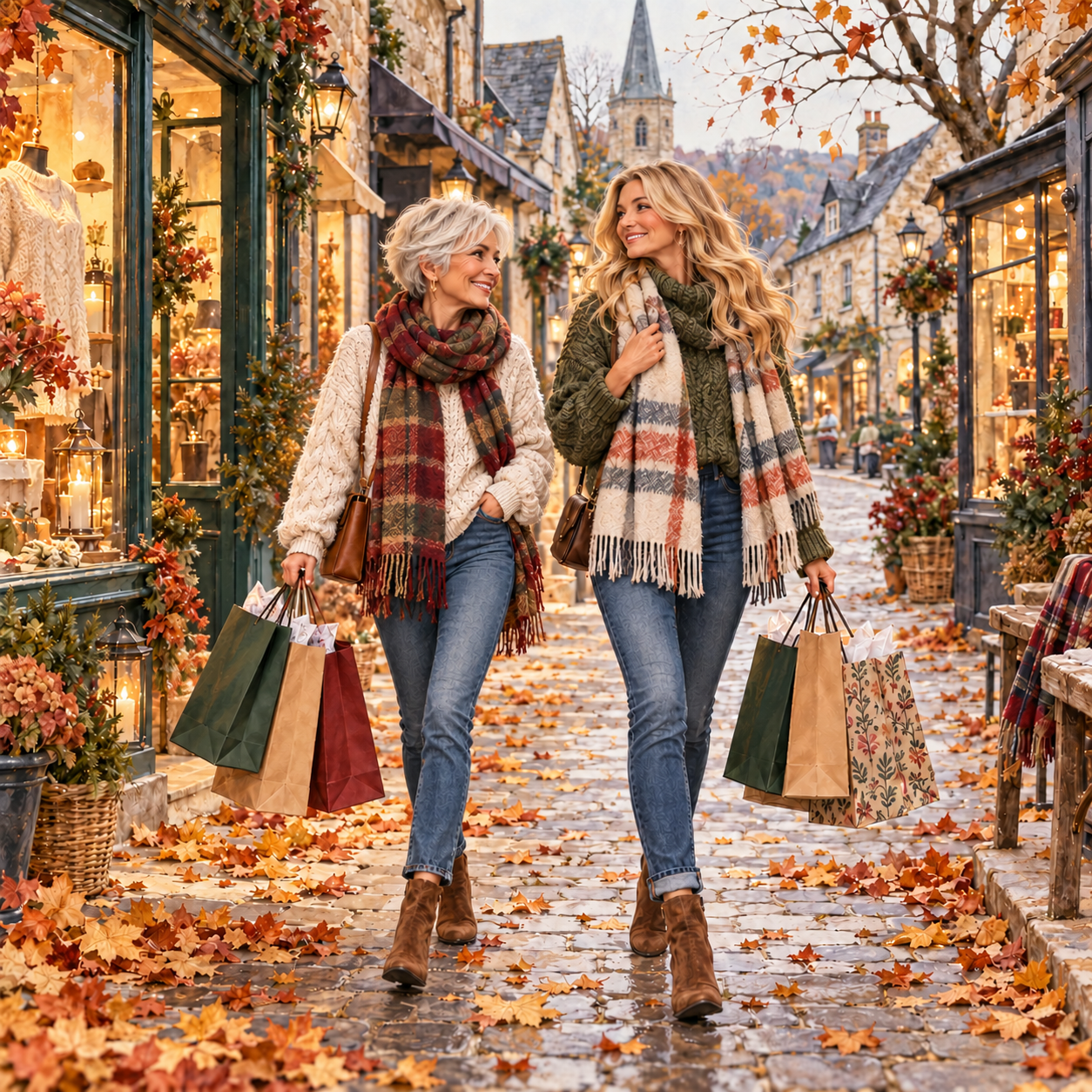 Graceful white-haired shopper in autumn.png