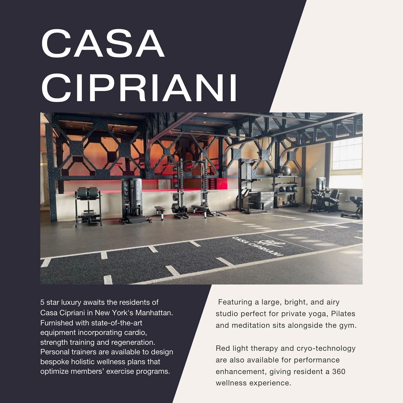 Offering intelligent health delivered in a luxury setting, the gym at the prestigious Casa Cipriani, New York is a haven of health nestled within the bustling city. 

Featuring beautiful architectural details and tons of natural light, we worked to c