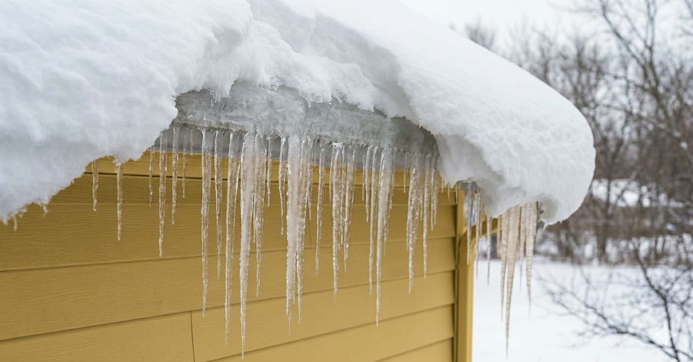 Icicles hanging from snow-covered roof of a yellow shed during winter.