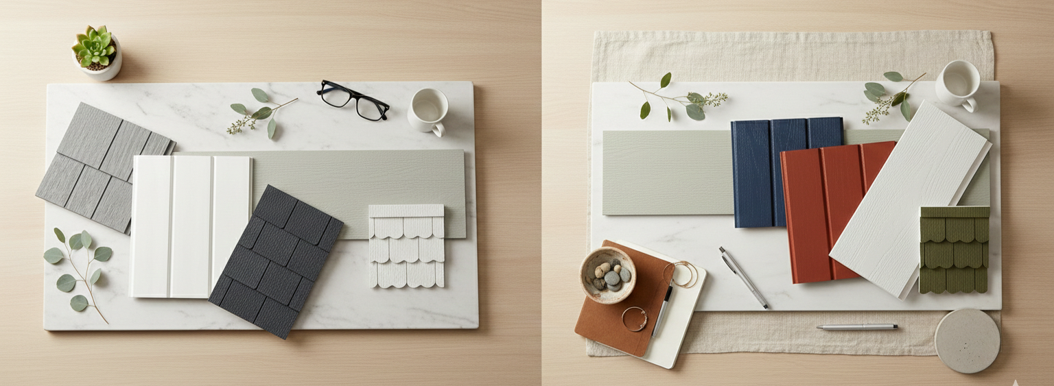 Flat lay of color and texture samples for interior design, with samples of wall panels, leaves, a pencil, a notebook, and cups on a marble and wooden surface.