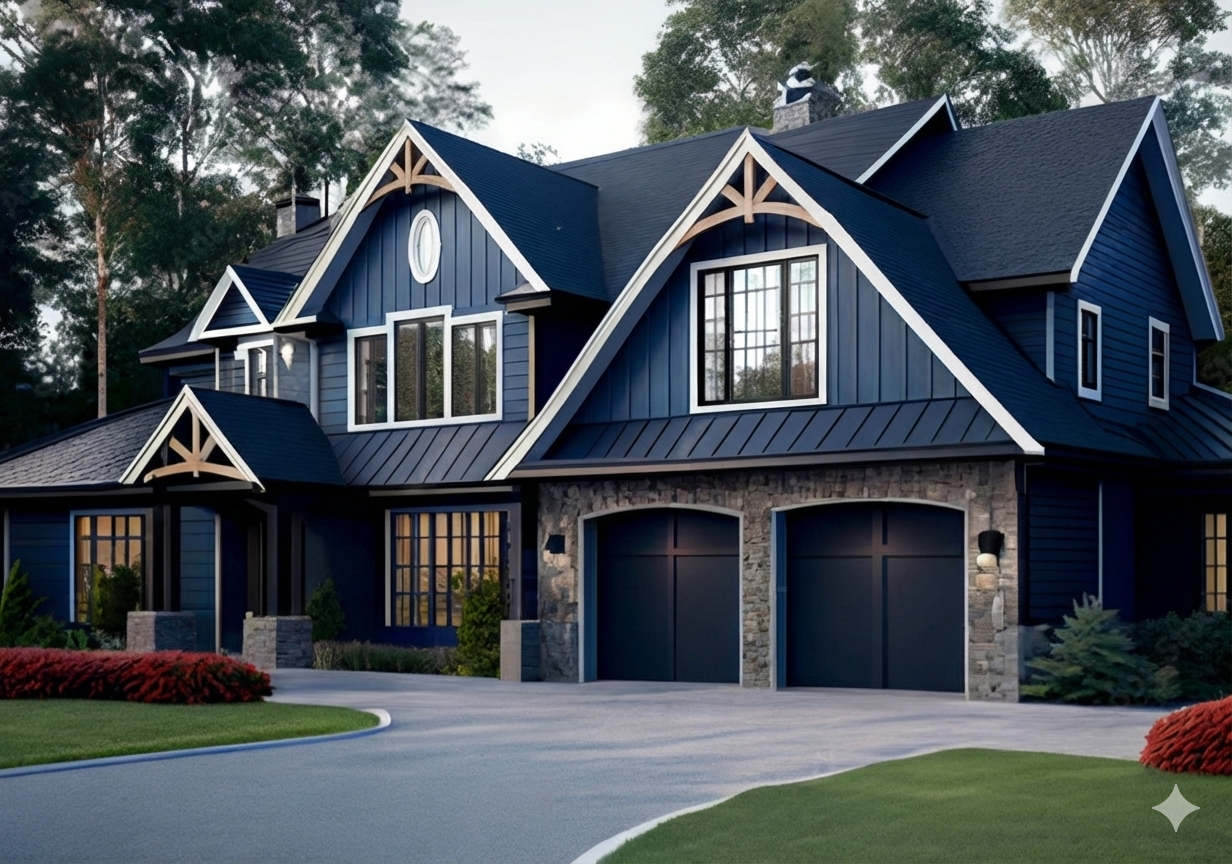 A large modern house with dark blue siding, multiple gabled roofs, and stone accents, surrounded by trees and a well-maintained lawn with bushes.