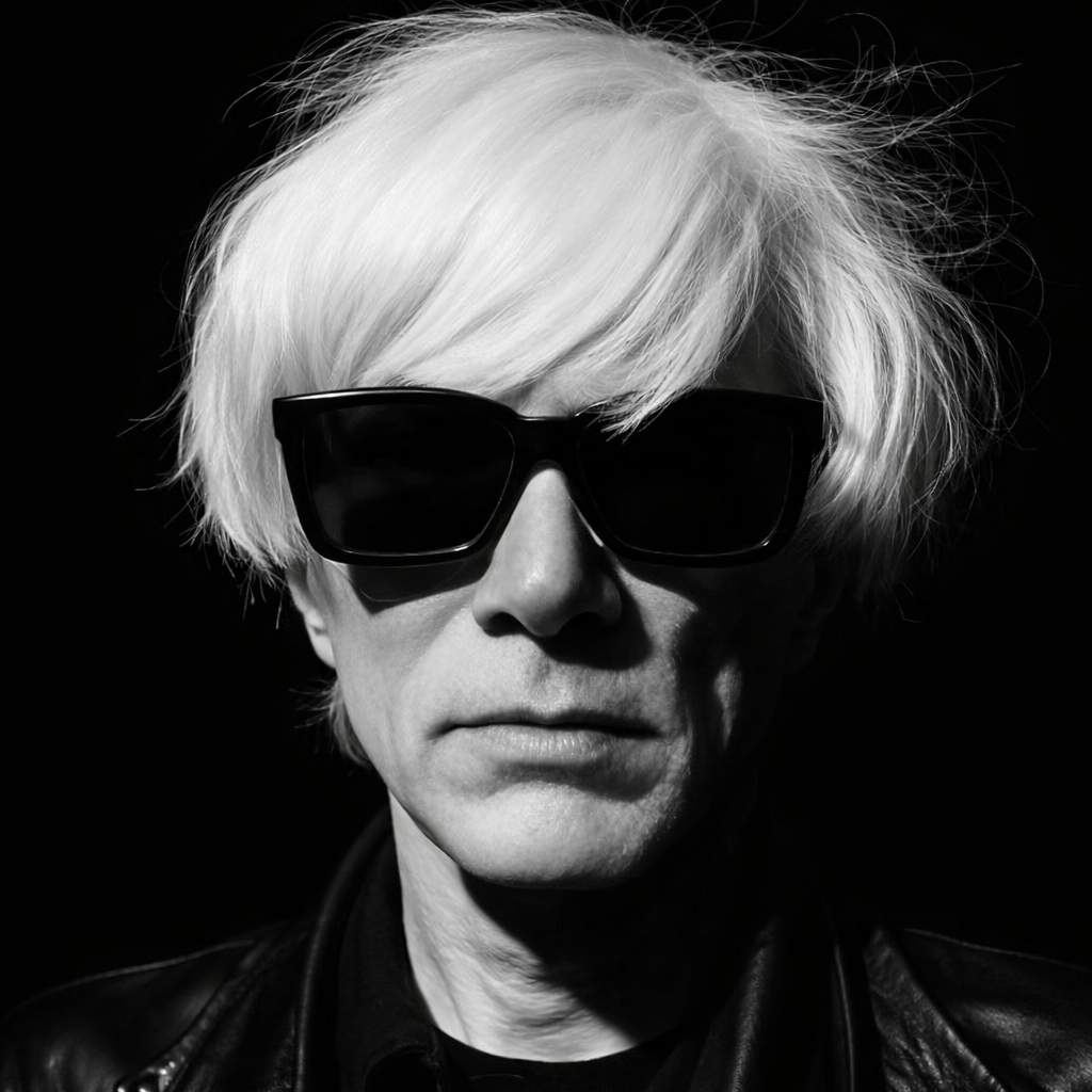 Black-and-white portrait of a person with platinum blonde hair wearing large dark sunglasses and a leather jacket.