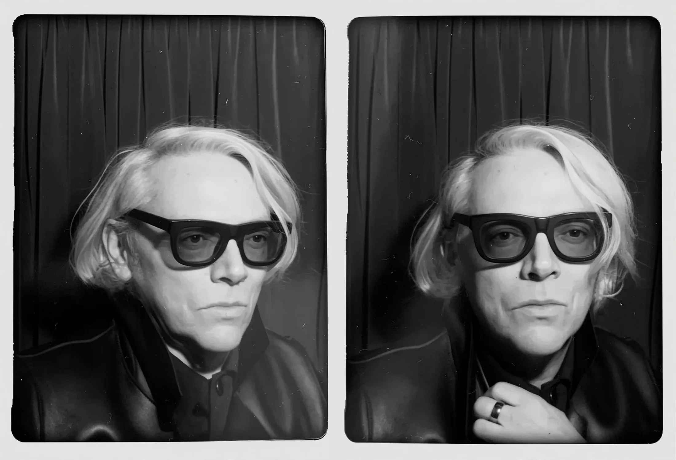 Black and white diptych of John Beckmann with short, wavy, platinum blonde hair, wearing large black glasses and a leather jacket, positioned in front of a dark curtain background.
