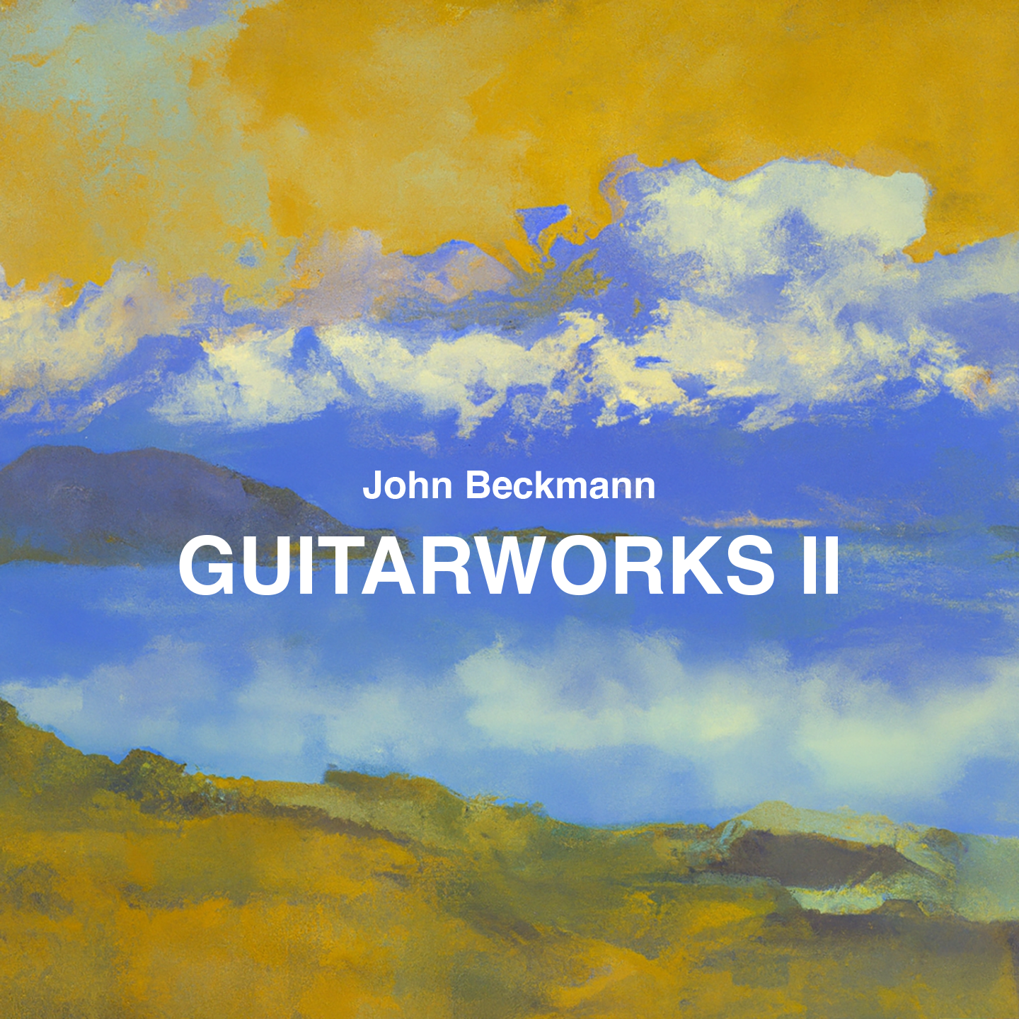 Book cover titled 'Guitarworks II' by John Beckmann, featuring a painted landscape with mountains, a blue sky with clouds, and yellow-green ground.