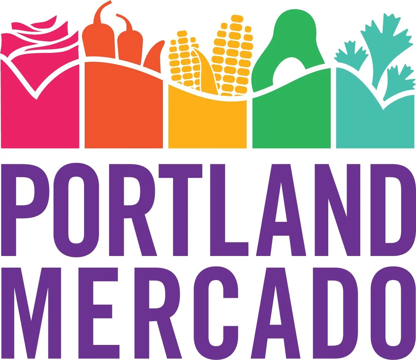 Portland Mercado official logo, Purple all caps text below a multicolored rolling hill with illustrated fruit and vegetables