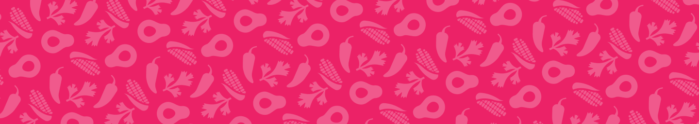 Pattern of light pink corn, peppers, cilantro, and avocado on a dark pink background.