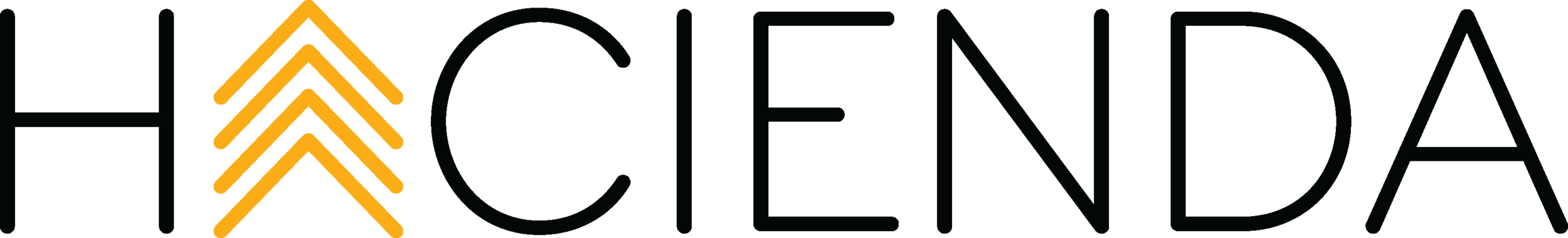 Hacienda CDC. logo, black caps font with four yellow arrows making up the first A of Hacienda