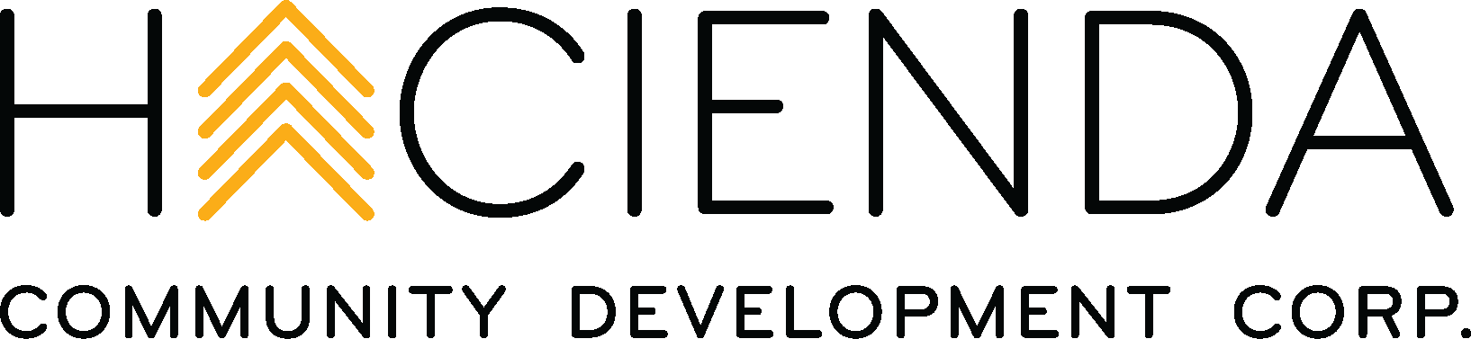 Hacienda Community Development Corp. logo, black caps font with four yellow arrows making up the first A of Hacienda
