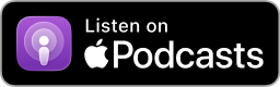Apple Podcast app icon with call to action to "listen on Apple Podcasts", with purple background and white microphone symbol.