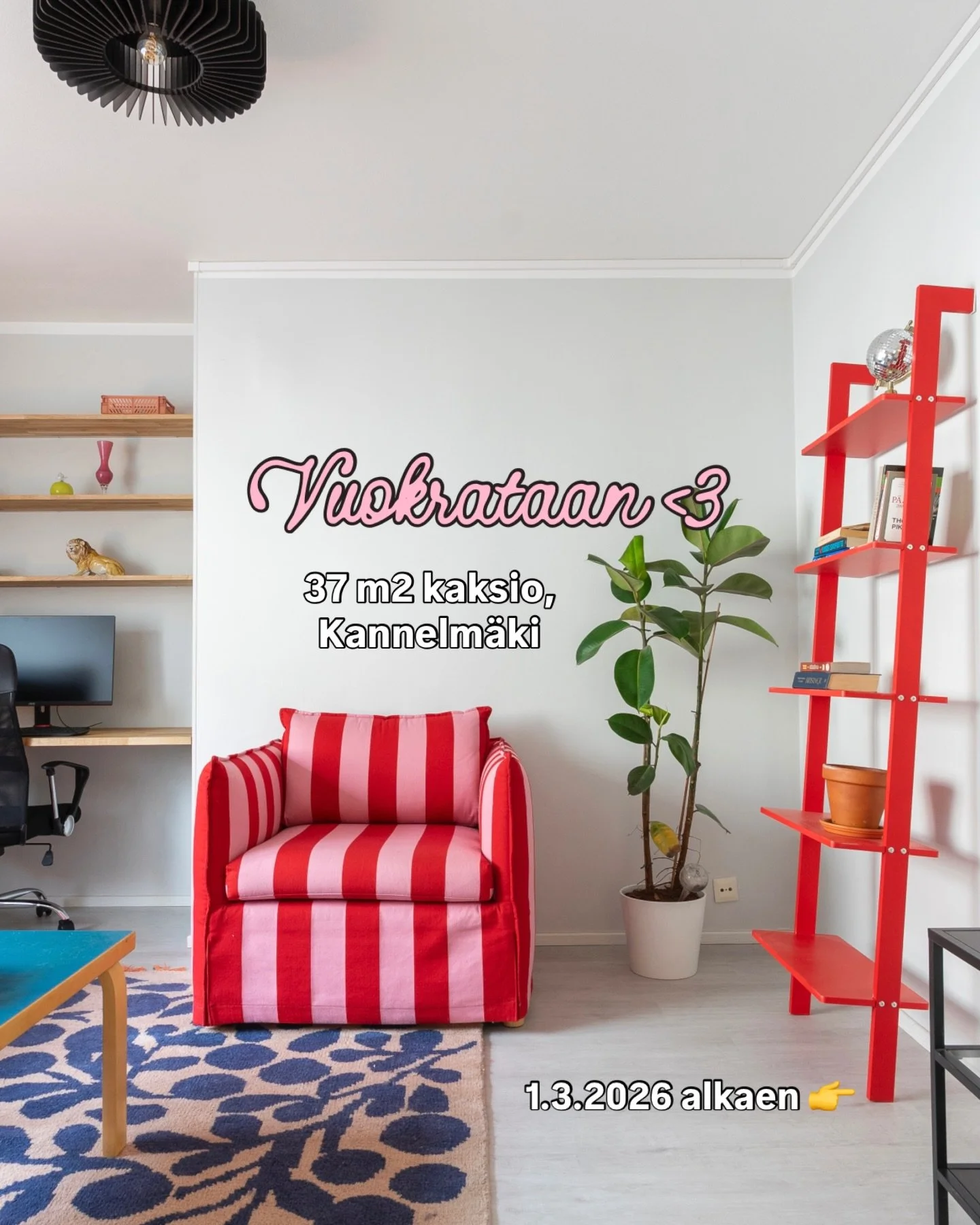 VUOKRATAAN 💓 37m2, kaksio, Kannelm&auml;ki 

🔑 avokeitti&ouml; saarekkeella, joka toimii ruokap&ouml;yt&auml;n&auml;, alkoviin rakennettu ty&ouml;piste, sohva, nojatuoli, iso makuuhuone omalla vaatehuoneella sek&auml; tilava kylpyhuone.)

🎀 Upea r