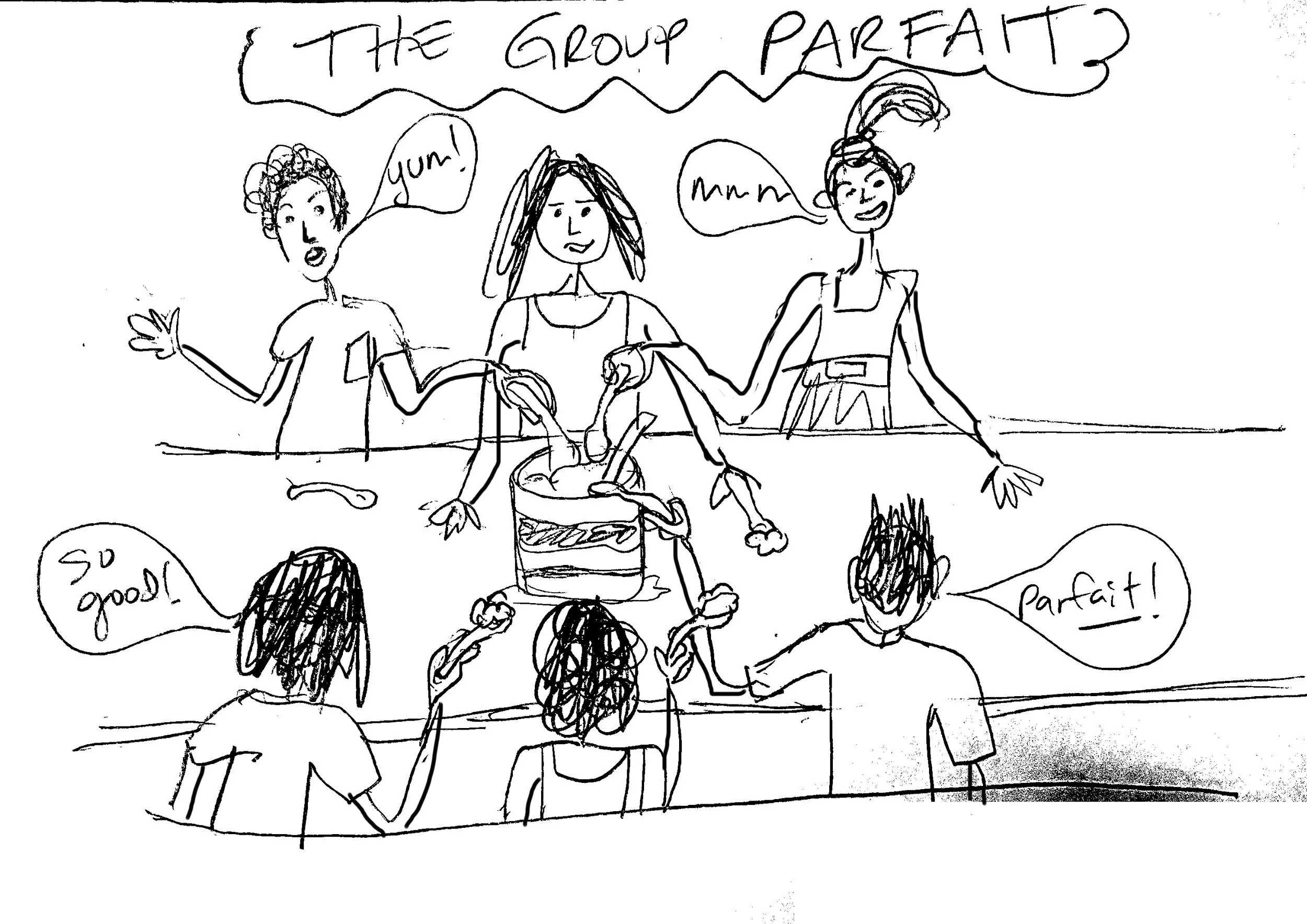 The group of friends at the other table sharing a delicious parfait