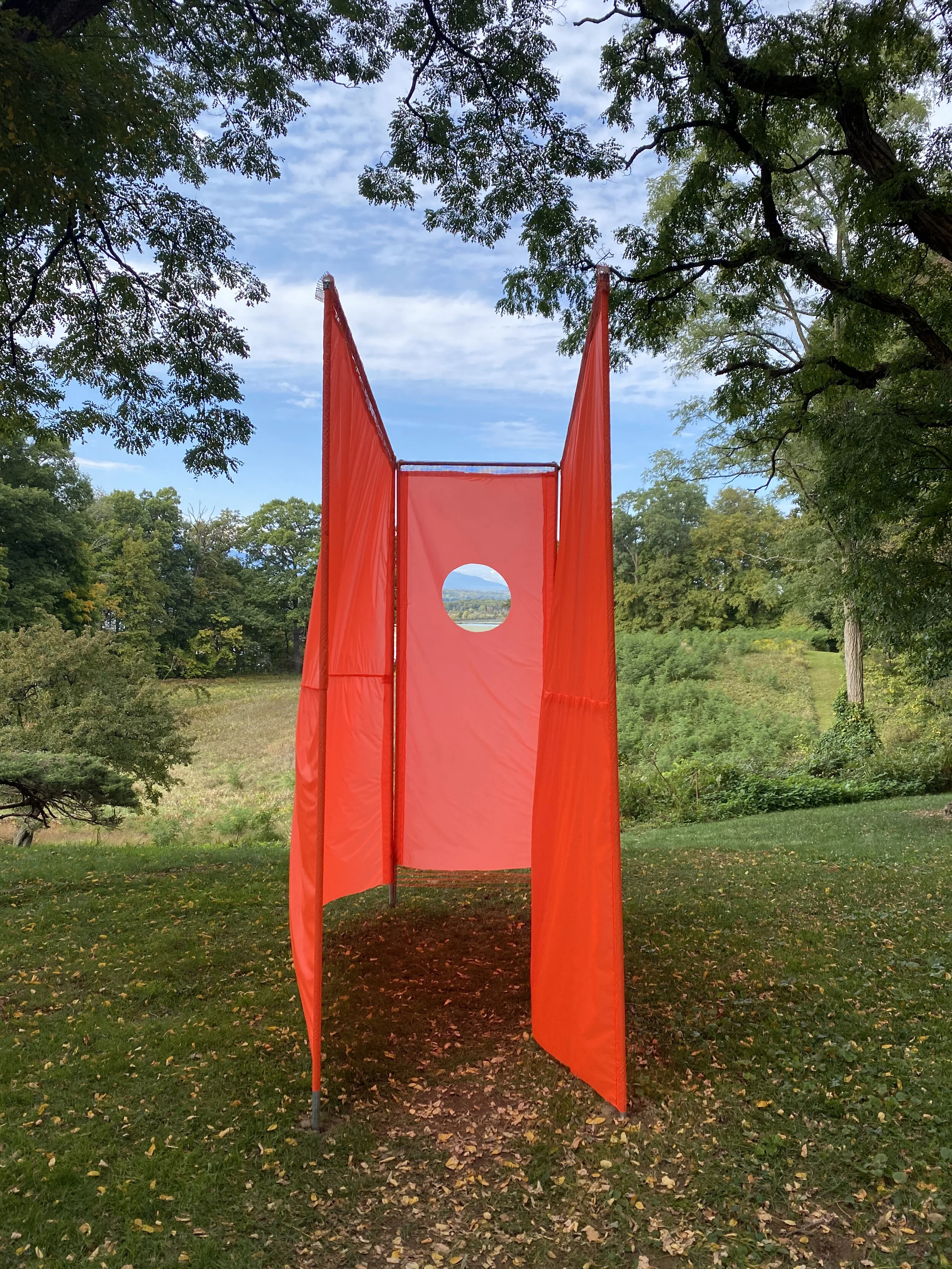 “orange hole at montgomery place” rip stock nylon, zinc poles, plastic mesh and zip ties. 3’x 8’ x 10’. “inside out” installed at montgomery place historic estate, bard college from october 4th- november 7th 2020.