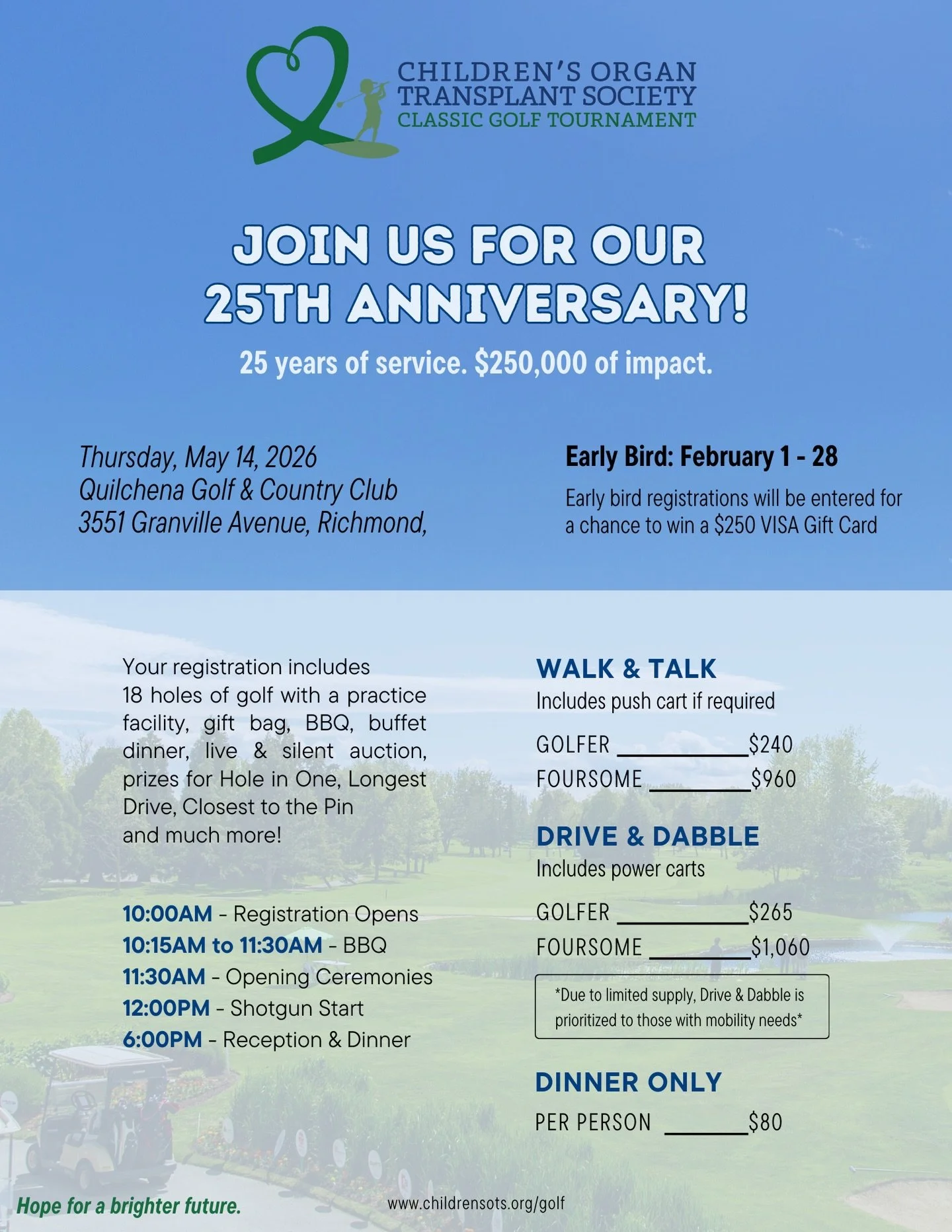 And just like that&hellip; our Early Bird registration is open! ⛳️ 

Join us for our 25th Anniversary Classic Golf Tournament&mdash; celebrating 25 years of impact with a goal of $250,000 raised. 

Grab your spot during our Early Bird for a chance to