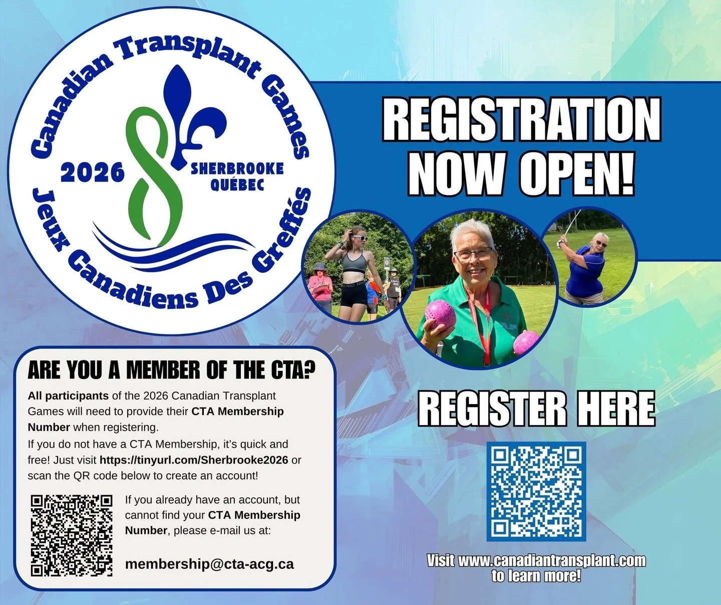 Registration is open for the Canadian Transplant Games! 🏆

Join @cta.connect in Sherbrooke, Qu&eacute;bec, for a week of competition, community, and fun. 

Learn more at www.canadiantransplant.com! 

.
.
.
#transplantgames #organtransplant #organtra
