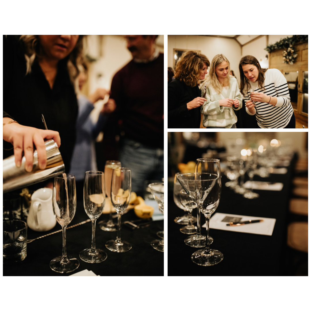 People preparing champagne glasses and engaging in conversation at a festive gathering.