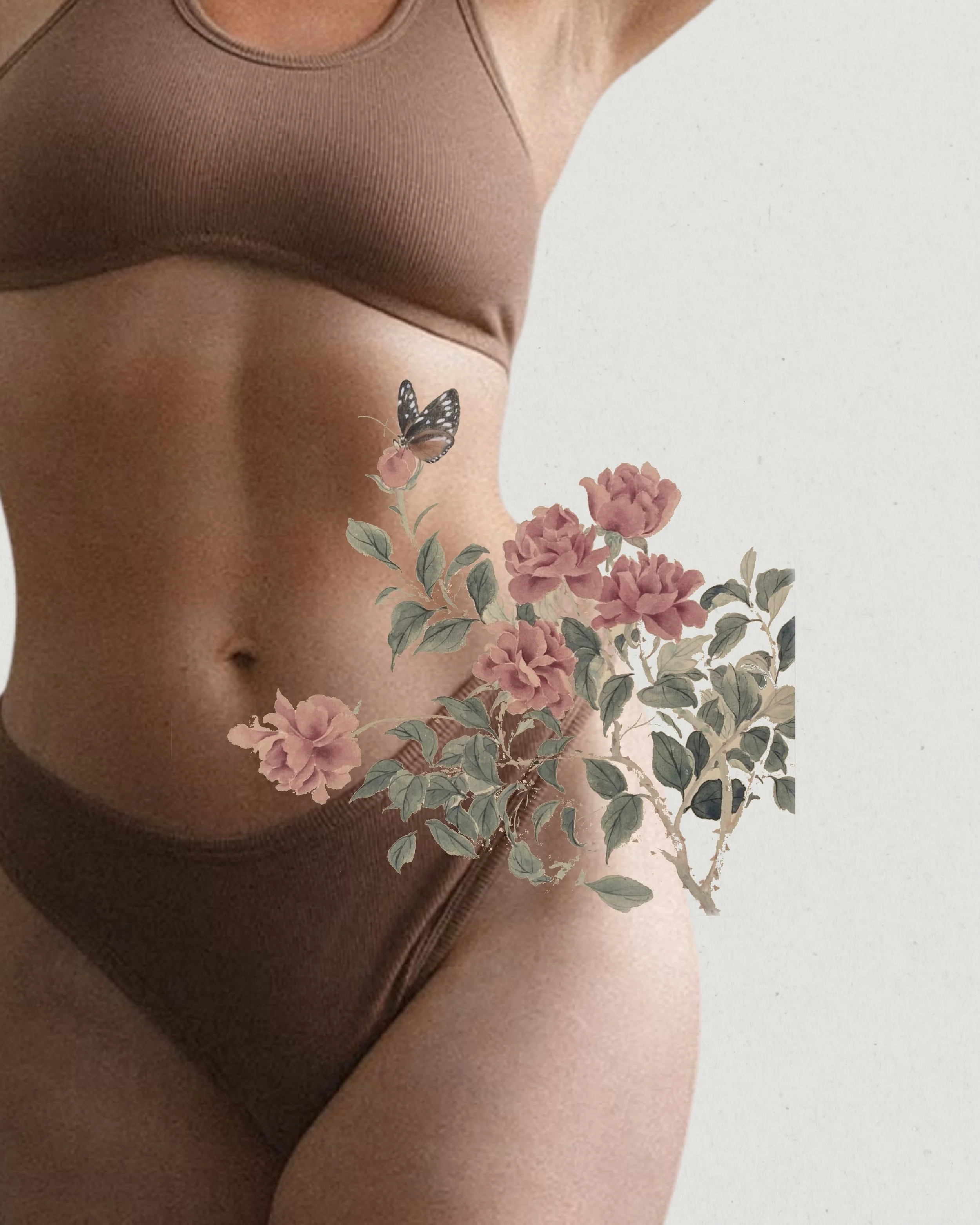 Close-up of a woman's midsection wearing a tan sports bra and matching underwear, with a digital floral illustration and butterfly overlay covering her abdomen.