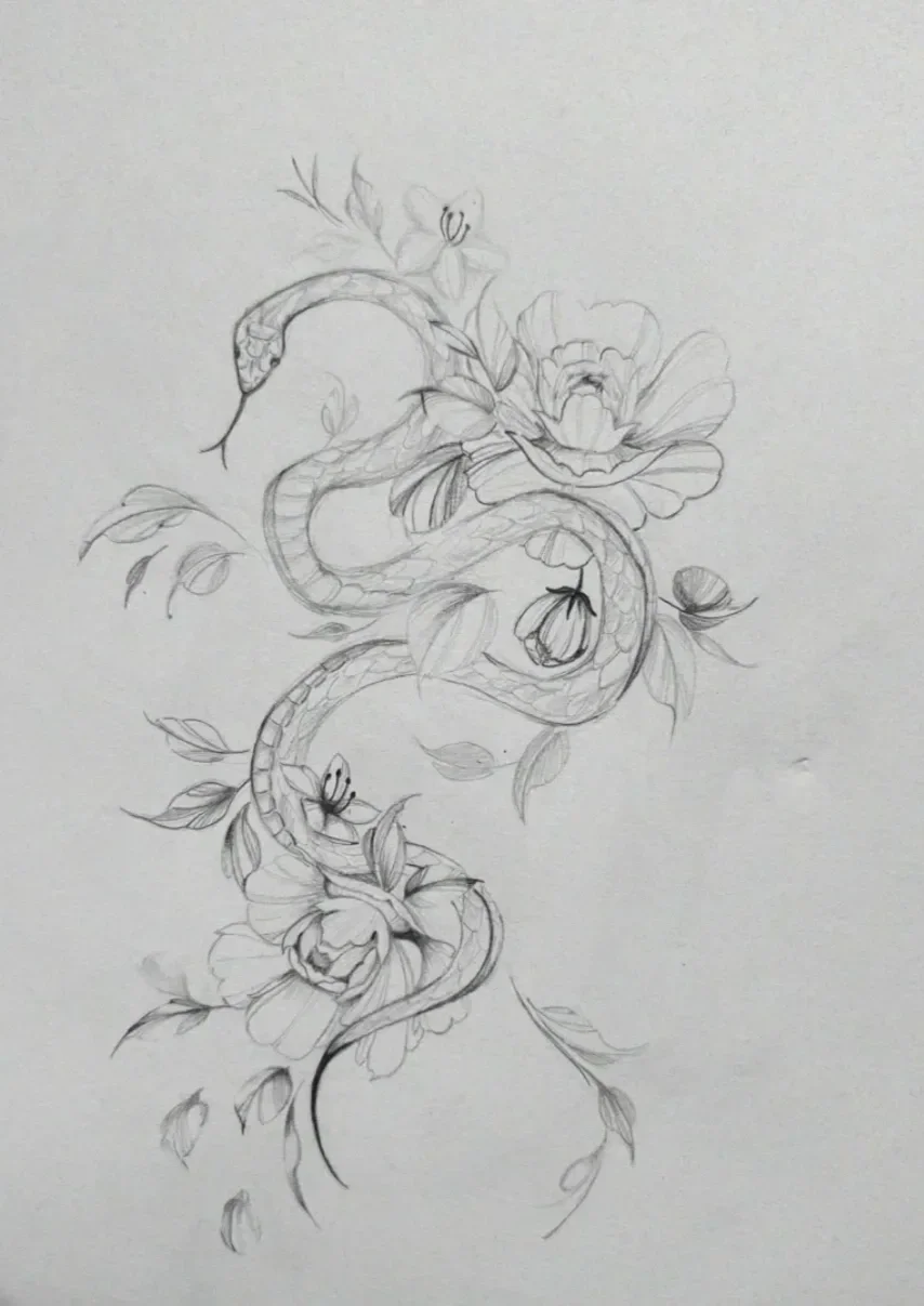 snake & peony - fineline tattoo