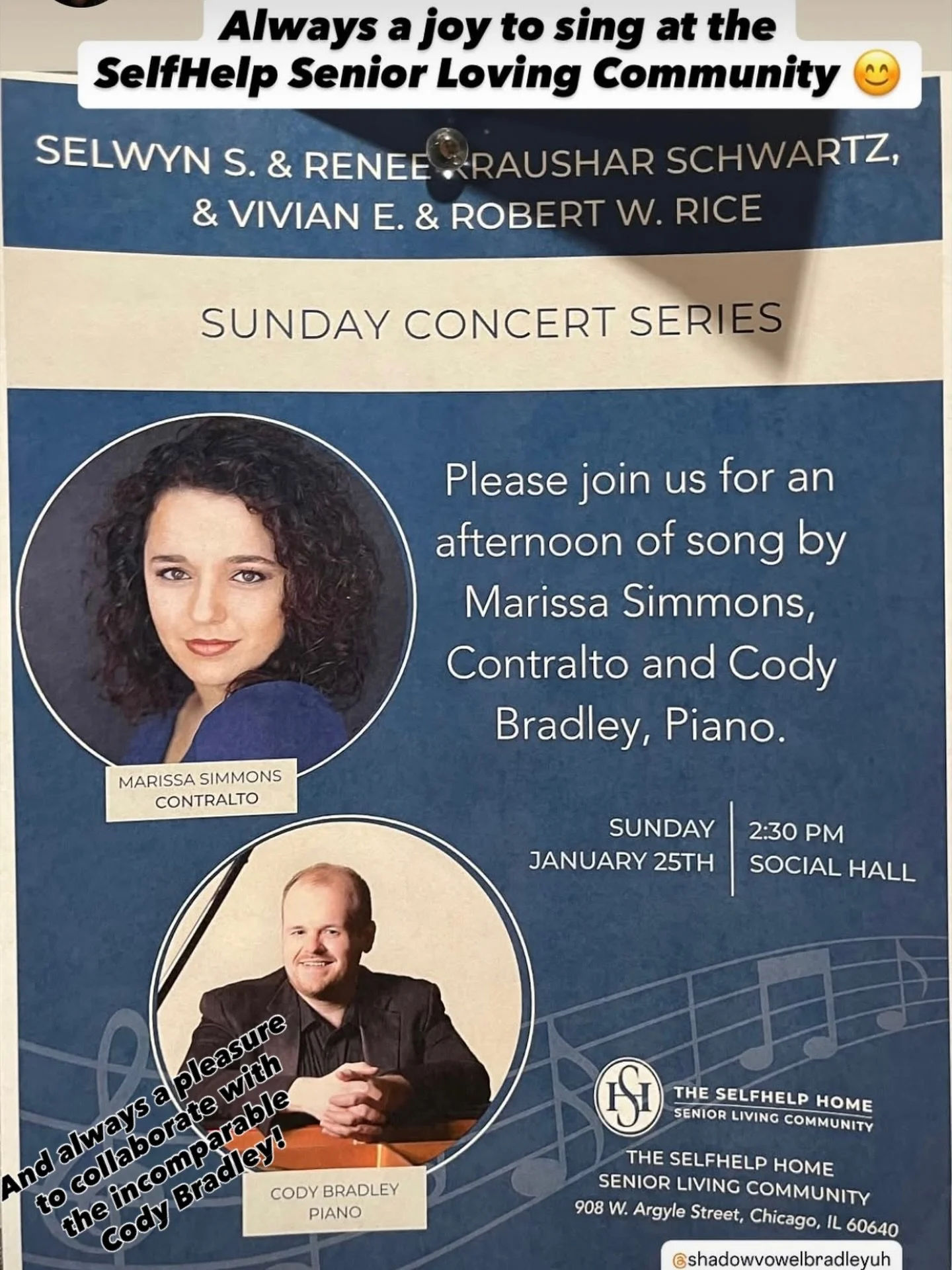Always a joy to sing at the SelfHelp Senior Living Community and a pleasure to collaborate with the incomparable Cody Bradley. We did everything from Max Janowski, Max Helfman, and Cantor @jonathancomisar , to Irving Berlin, Kurt Weil, Billy Joel, an