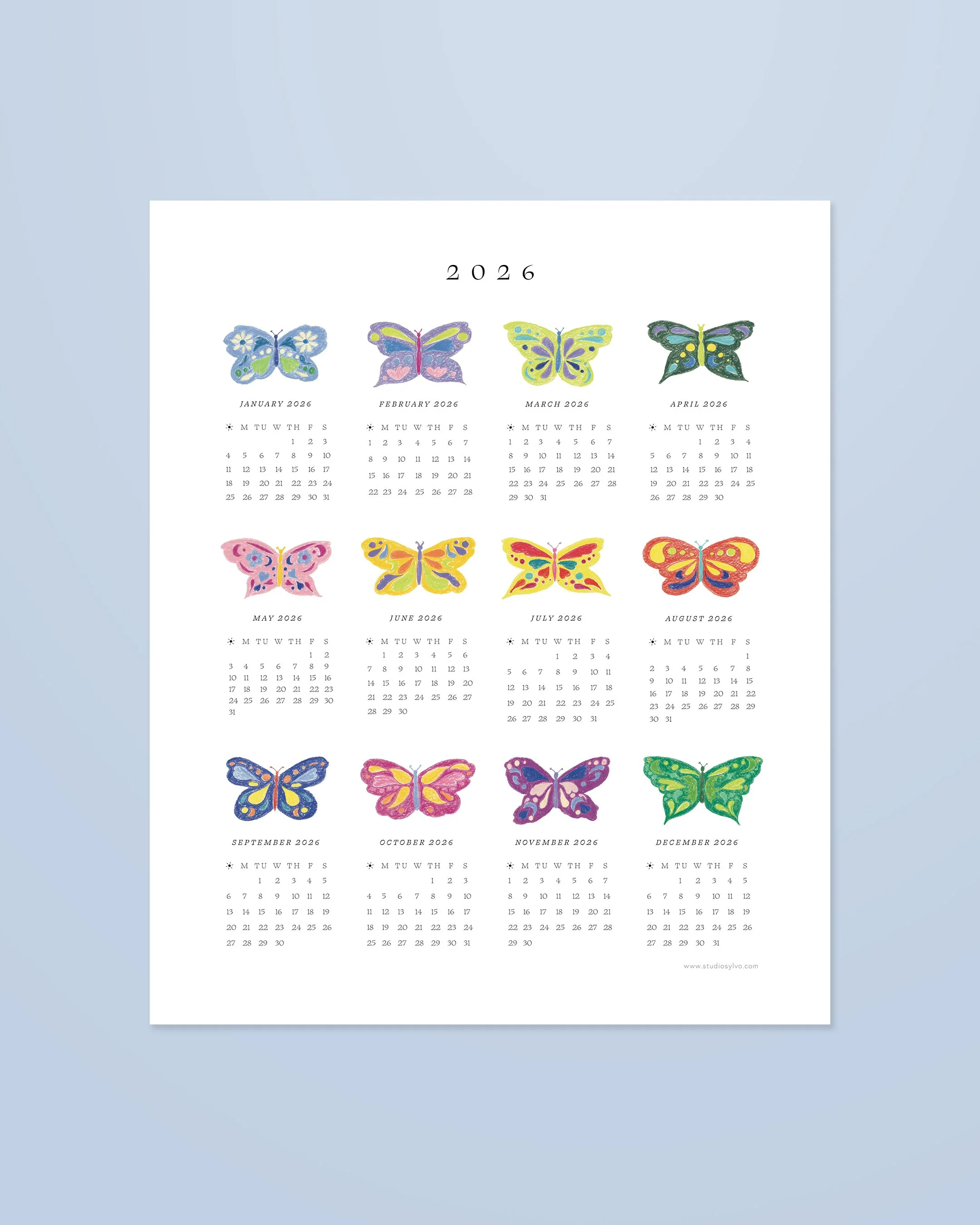Printable 2026 Calendar, Digital Download with Butterfly Artwork