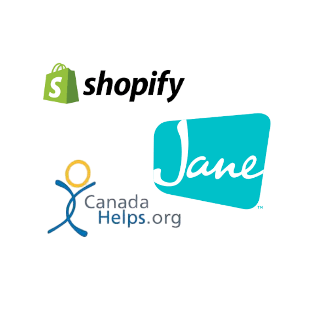 Logos of Shopify, Jane, and Canada Helps.org on a white background.