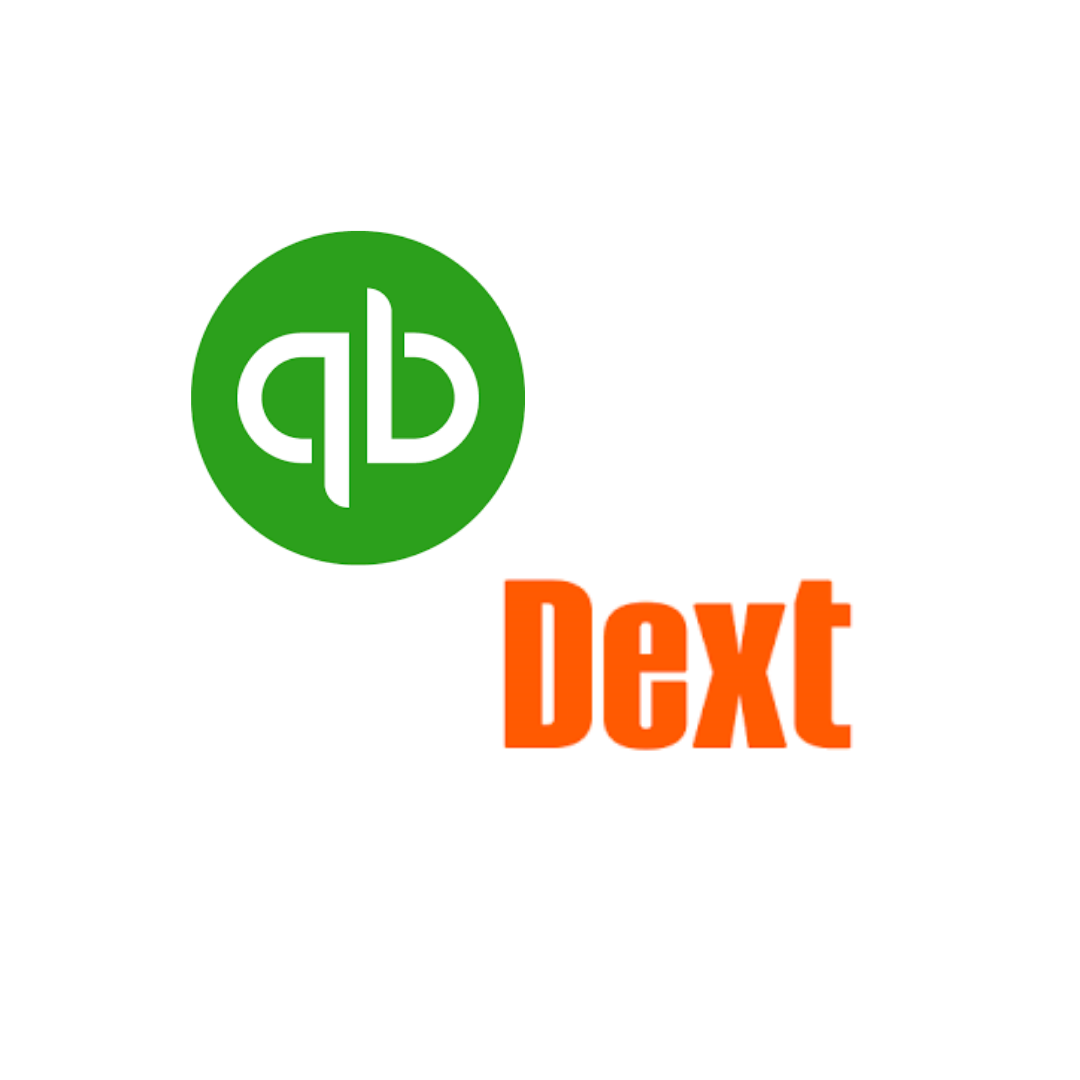 Green Quickbooks logo with the Dext logo in orange text below it.