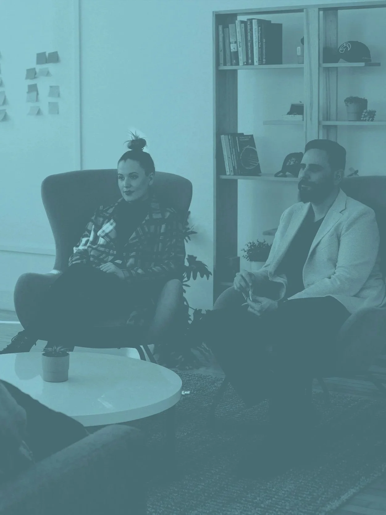 Two people sitting in chairs having a conversation in an office setting, with a bookshelf behind them and a small potted plant on the table in front.