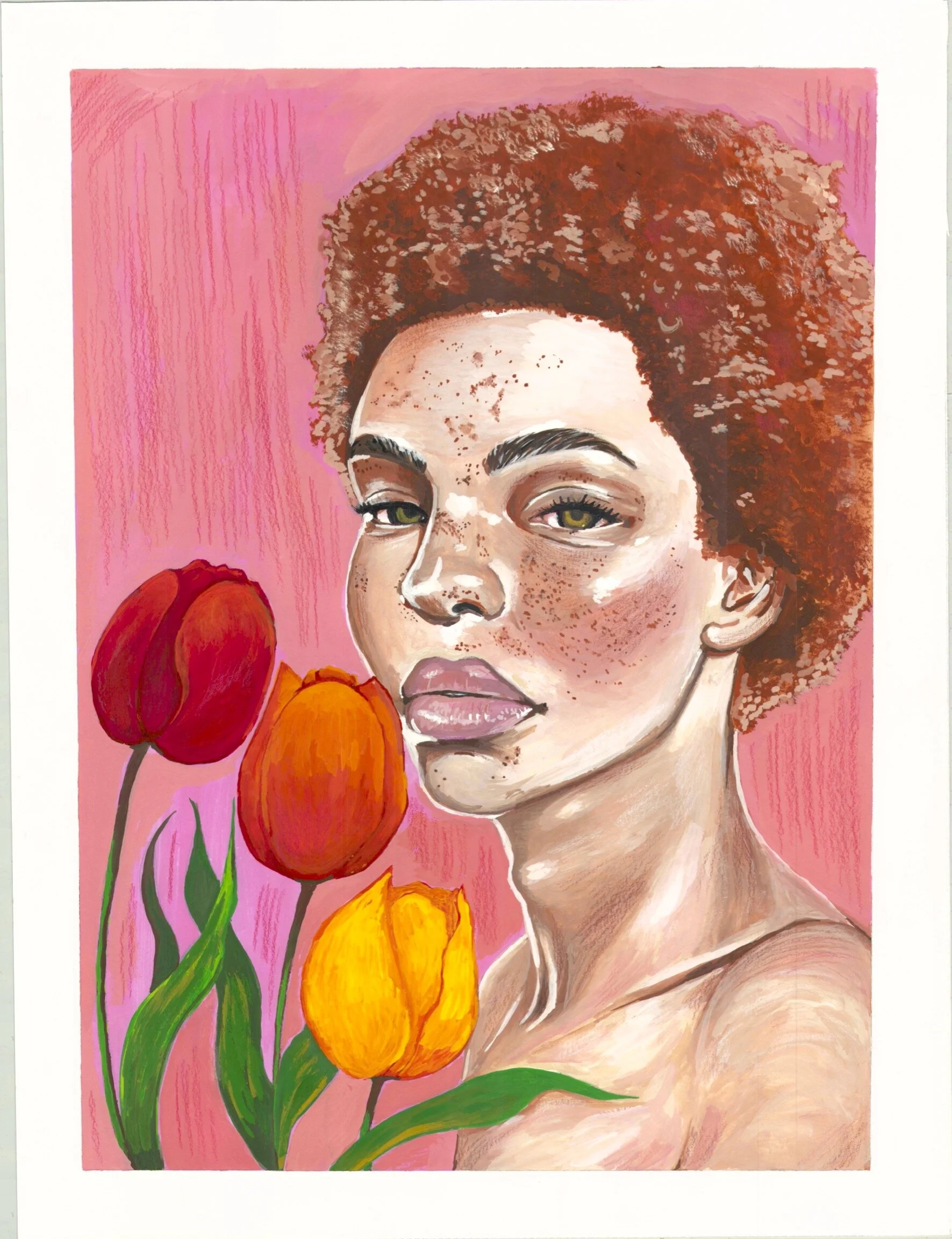 2. Tulipanes, gouache and colored pencil on bristol paper, 12” by 16”, January 26, 2021