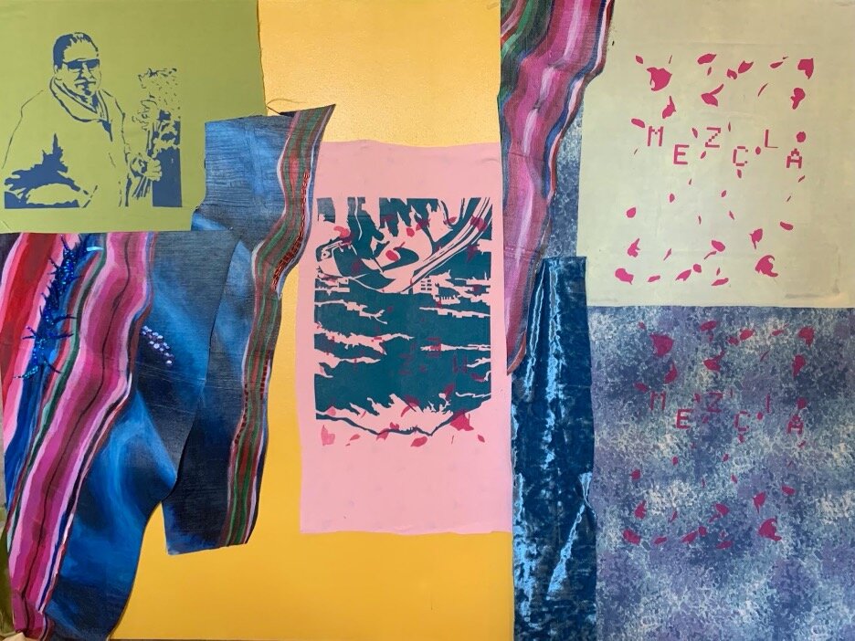 Mezcla, fabric, oil on canvas pieces, and screenprinting ink, 24x36”, 2021