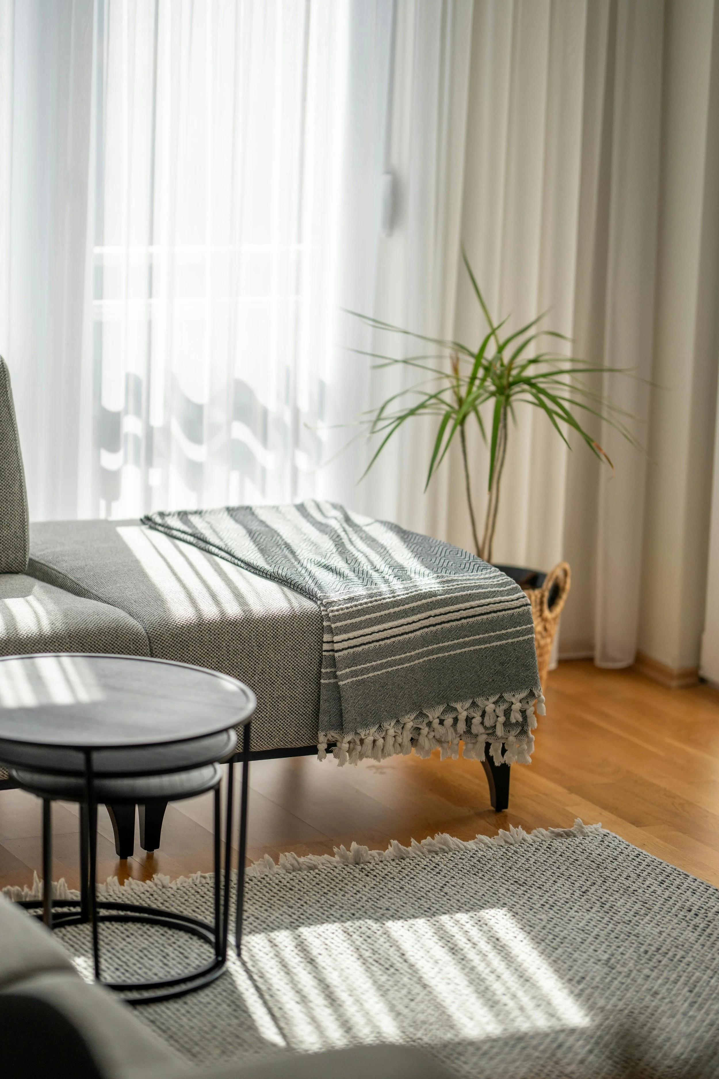 Living room with sunlight streaming through sheer curtains, a gray couch with a striped throw blanket, a small round black metal nested tables, a potted plant on a woven basket, and a beige textured rug.