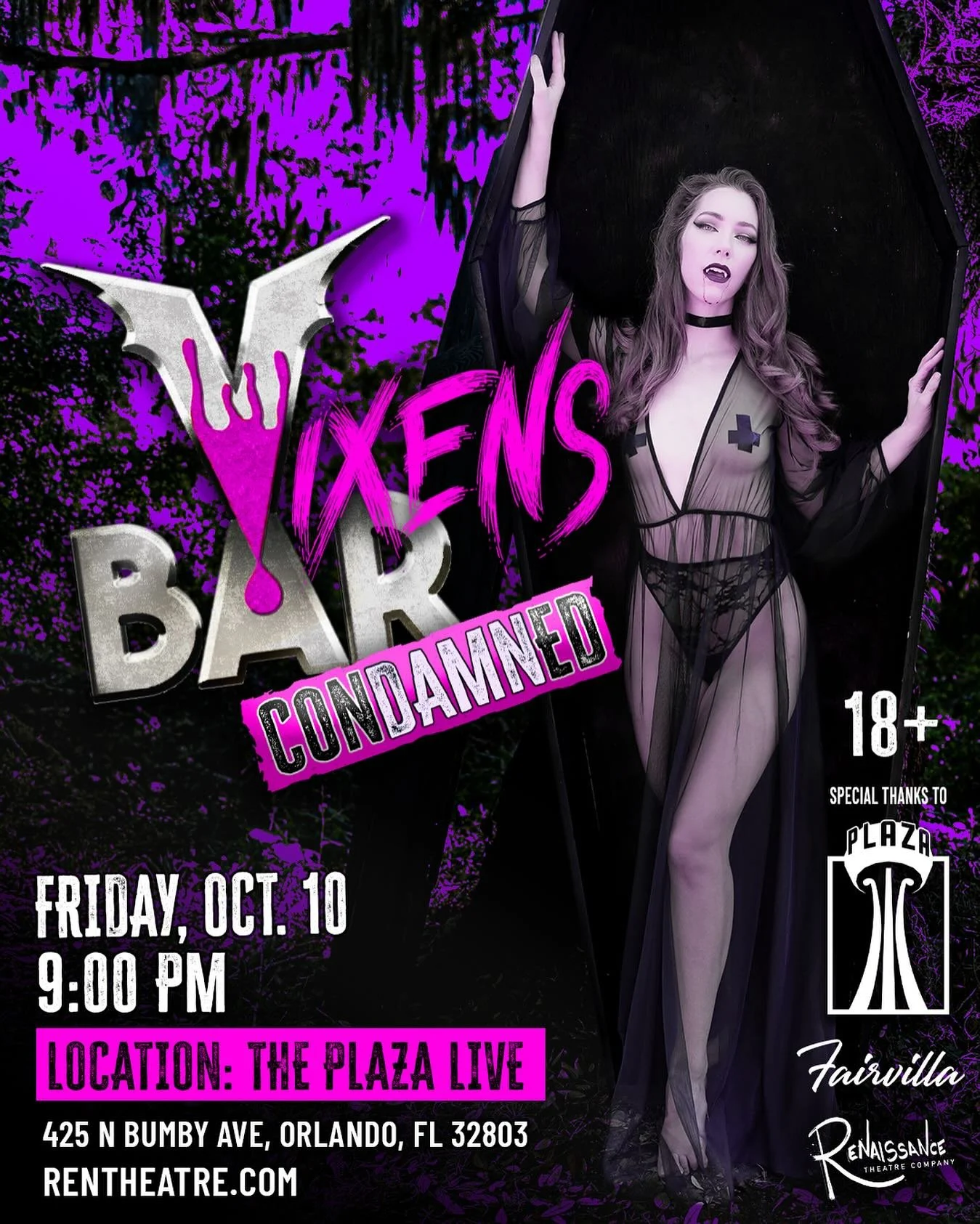 The Vixens are coming out to play at The Plaza with our Vamps. Get out this Friday, October 10th for VBar Vixens: Condamned. It&rsquo;s our VBar show + new acts by Ivy Les Vixens and @lesvixensburlesque . Use code: VIXENS for $5 off tickets. Doors op