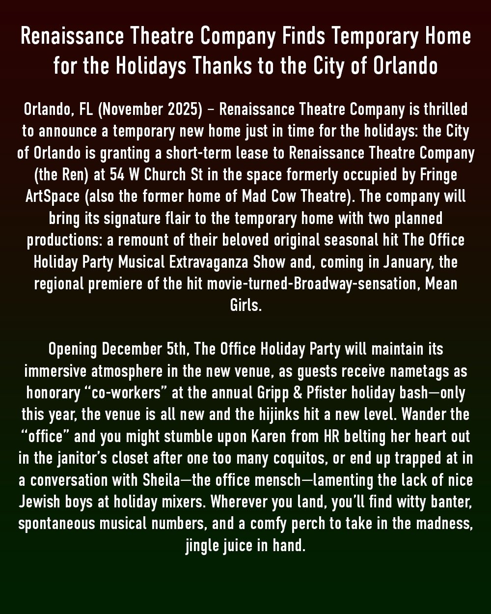 Introducing The Ren @ 54 West. Huge thanks to the Downtown Development Board and @thecitybeautiful for giving us a temporary home just in time for the Holidays. Get tickets to visit us our new space at Rentheatre.com